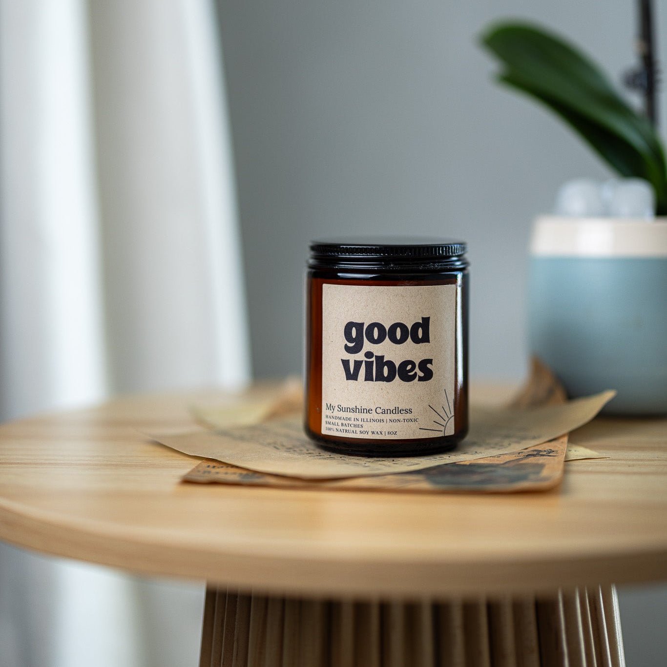 Good Vibes Amber Jar Candle 8 oz – Soy Wax Candle, Clean Burning, Non-Toxic, Handmade