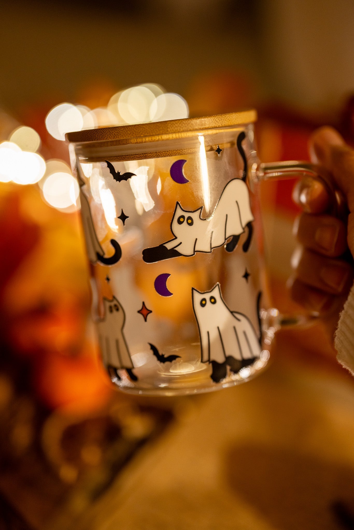 Halloween Ghost Cat Glass Cup – Coffee & Iced Drink Mug, Spooky Gift