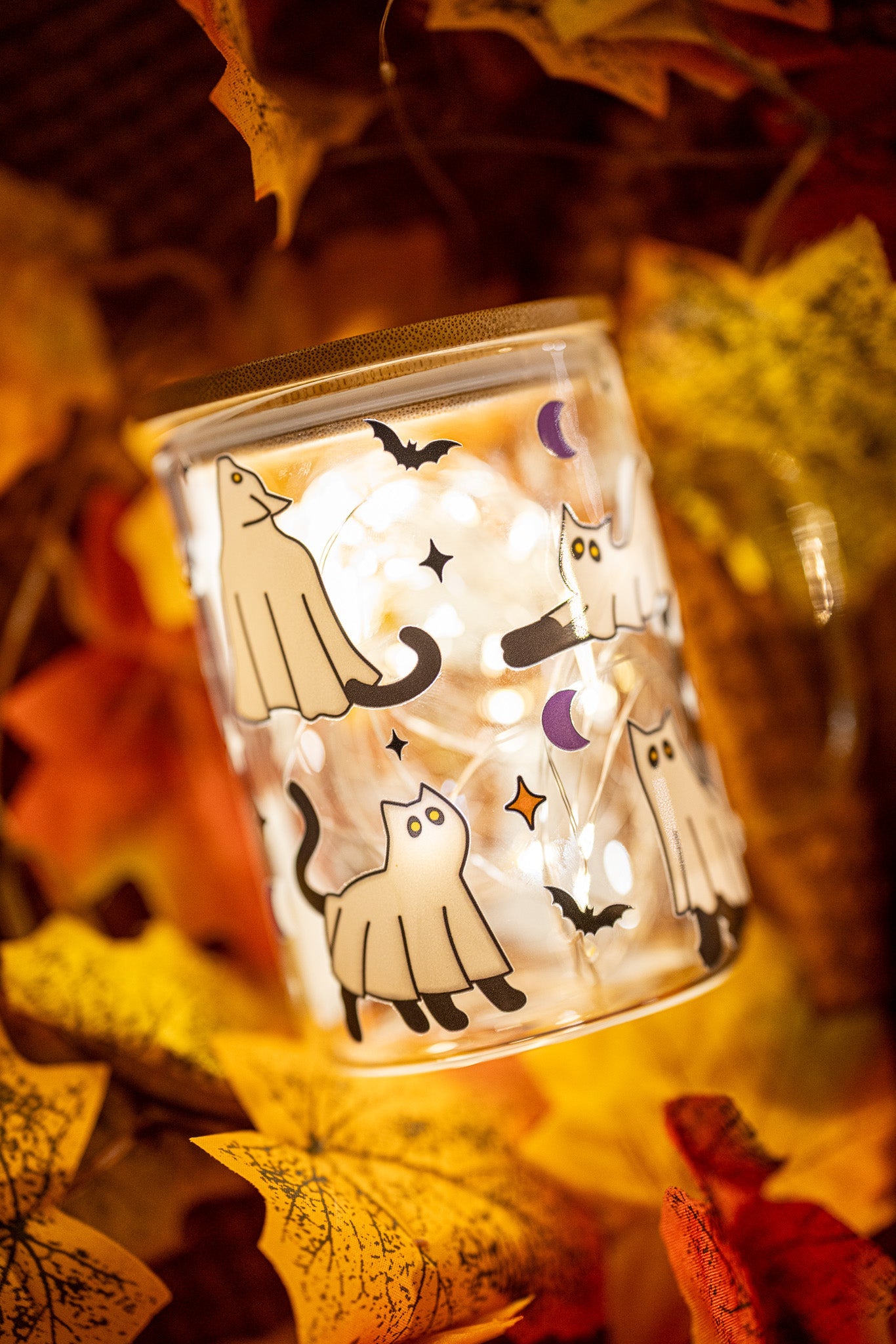 Halloween Ghost Cat Glass Cup – Coffee & Iced Drink Mug, Spooky Gift