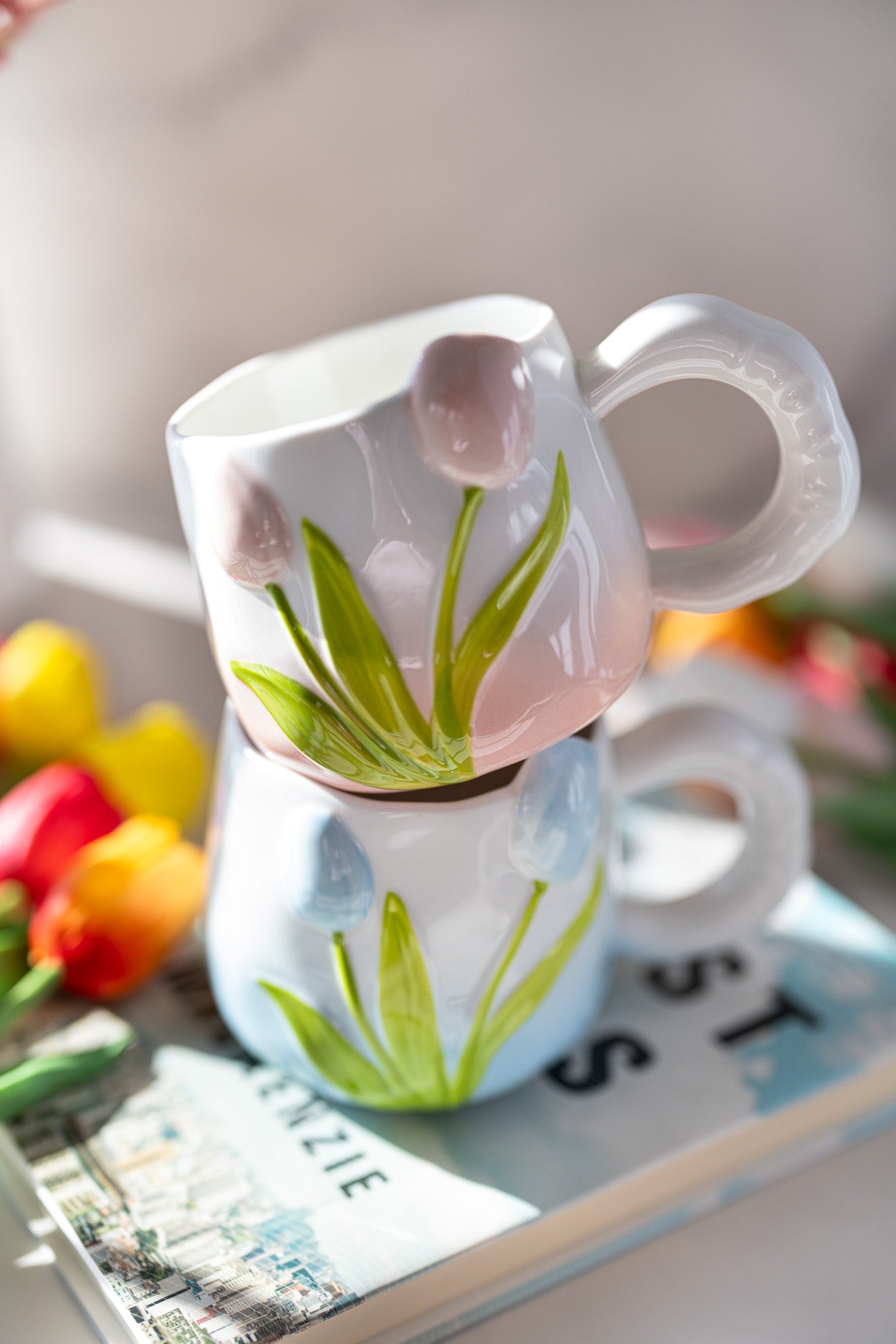 Hand-Painted 3D Tulip Ceramic Coffee Mug (400ml) – Colorful Floral Tea Cup