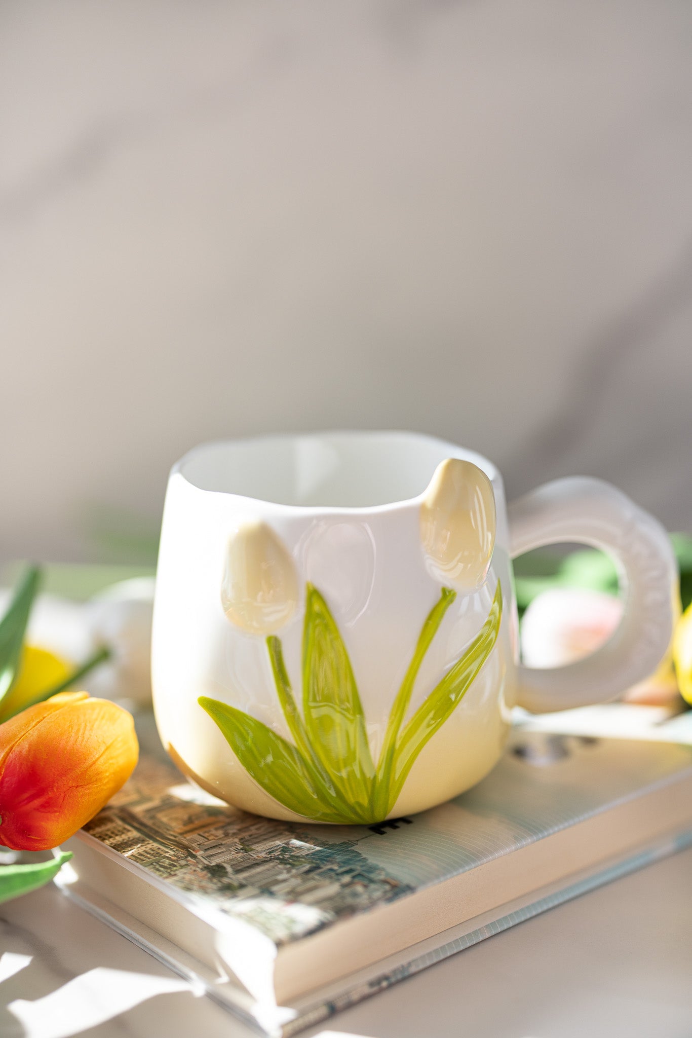 Hand-Painted 3D Tulip Ceramic Coffee Mug (400ml) – Colorful Floral Tea Cup