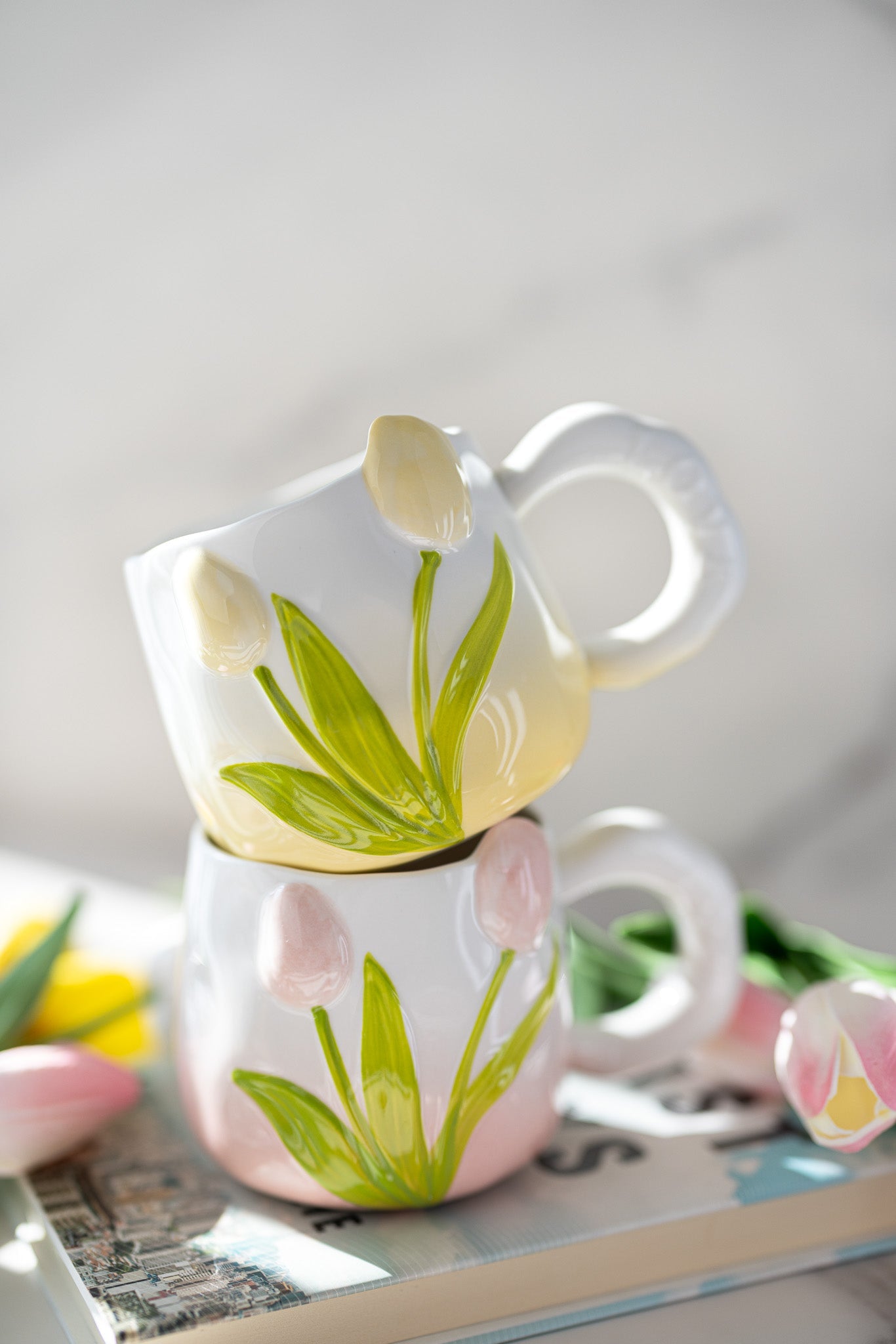 Hand-Painted 3D Tulip Ceramic Coffee Mug (400ml) – Colorful Floral Tea Cup