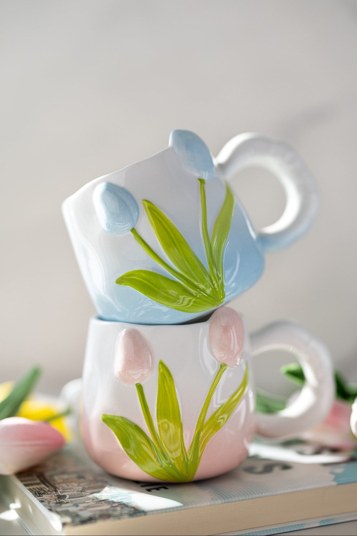 Hand-Painted 3D Tulip Ceramic Coffee Mug (400ml) – Colorful Floral Tea Cup