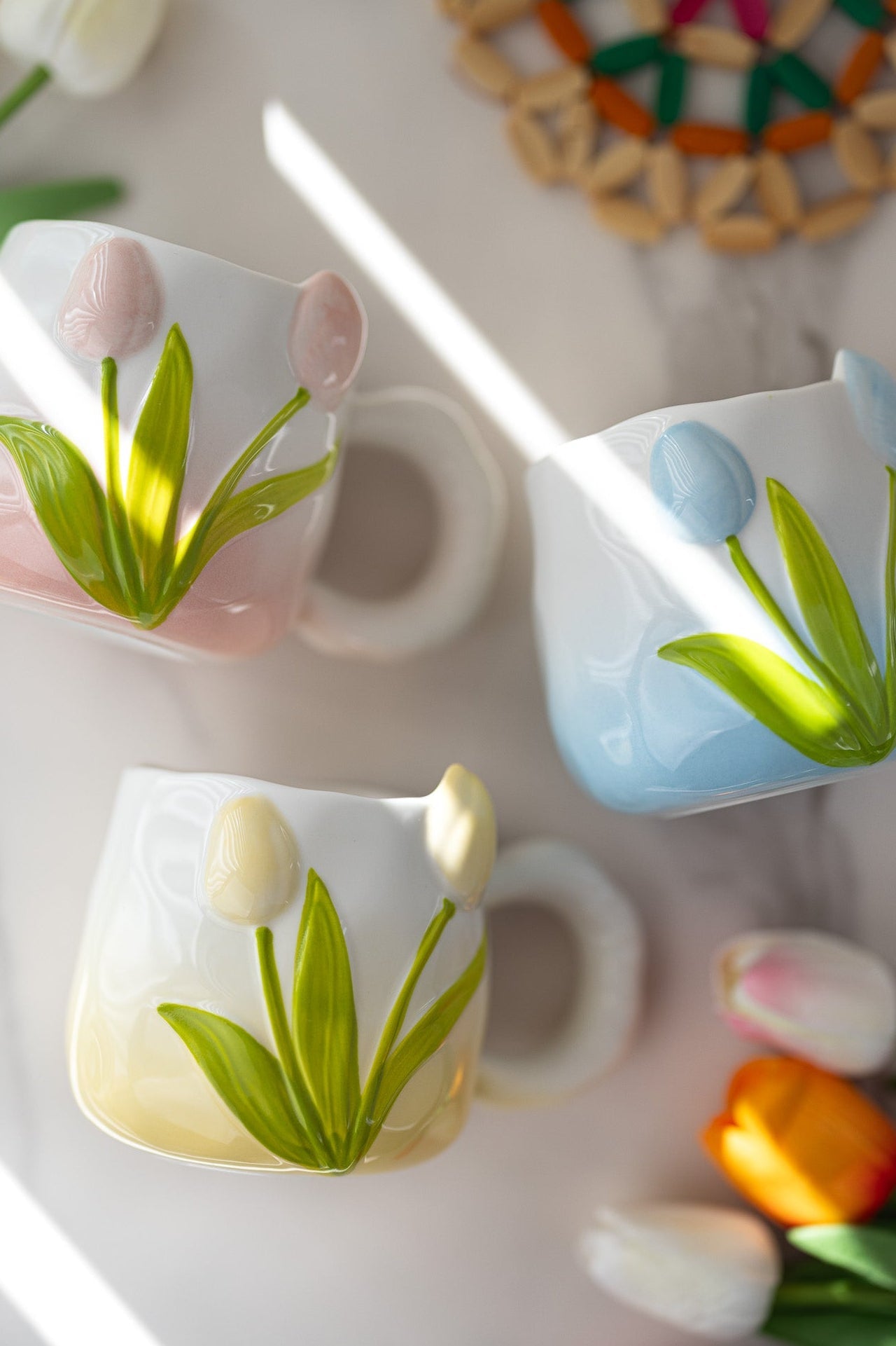 Hand-Painted 3D Tulip Ceramic Coffee Mug (400ml) – Colorful Floral Tea Cup