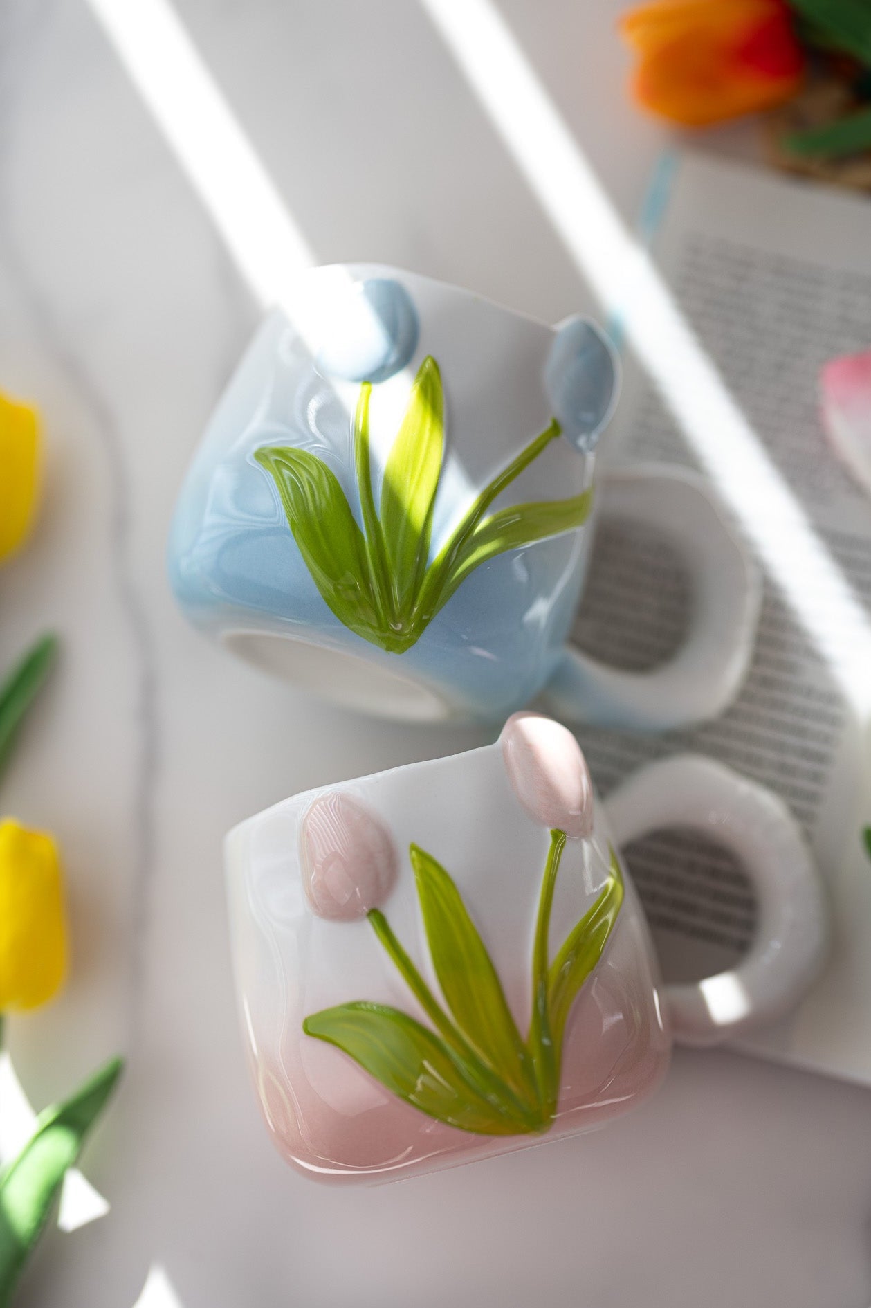 Hand-Painted 3D Tulip Ceramic Coffee Mug (400ml) – Colorful Floral Tea Cup