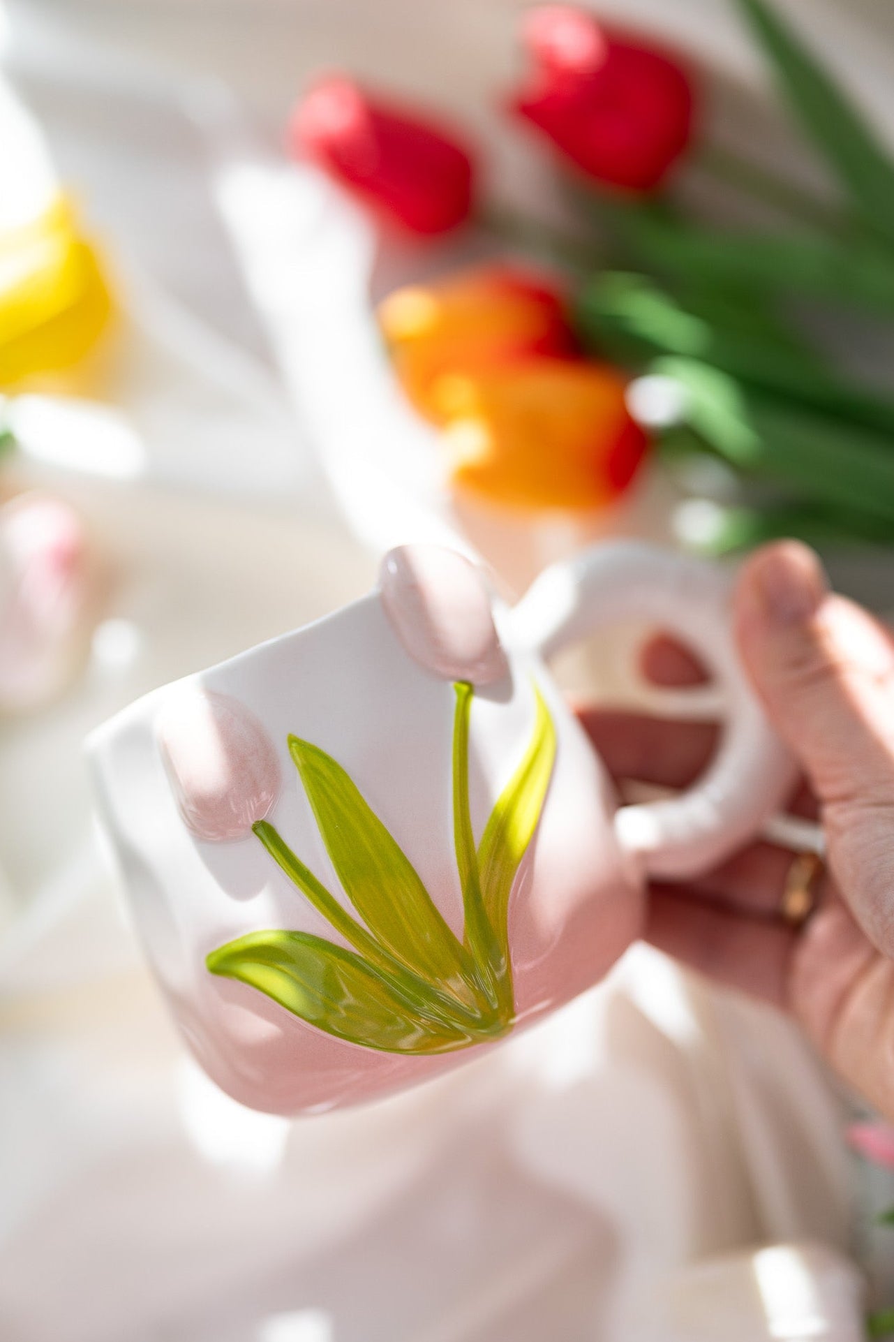 Hand-Painted 3D Tulip Ceramic Coffee Mug (400ml) – Colorful Floral Tea Cup
