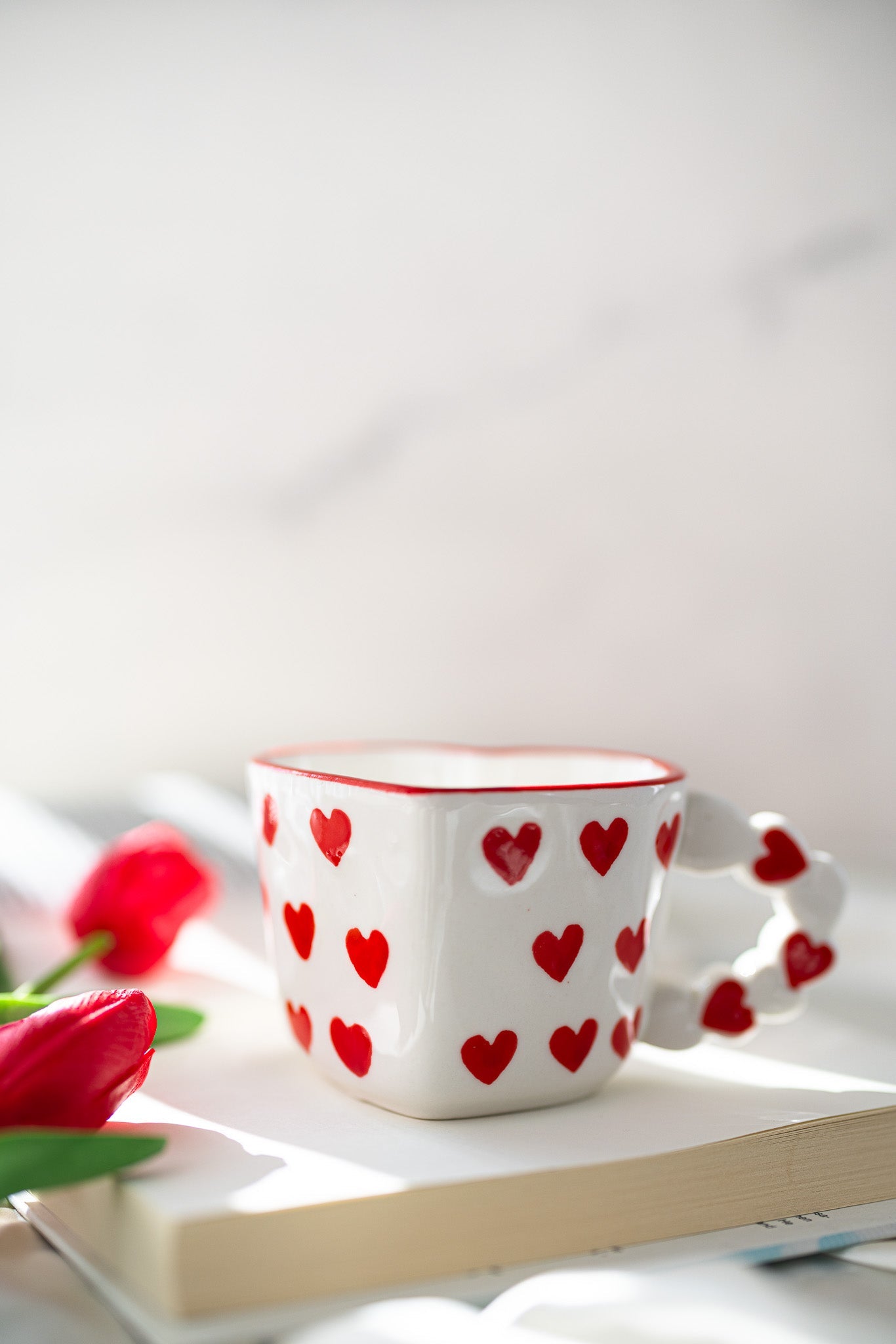 Cute Heart-Shaped Ceramic Mug with Red Heart Design – Romantic Love Gift Cup