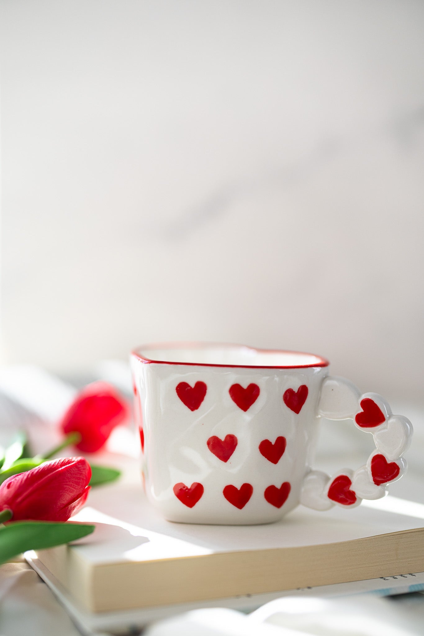 Cute Heart-Shaped Ceramic Mug with Red Heart Design – Romantic Love Gift Cup