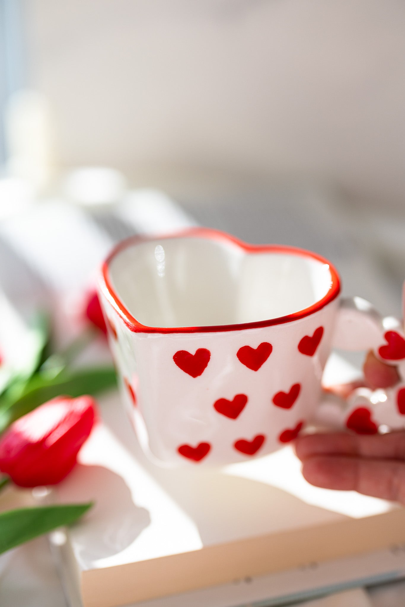 Cute Heart-Shaped Ceramic Mug with Red Heart Design – Romantic Love Gift Cup