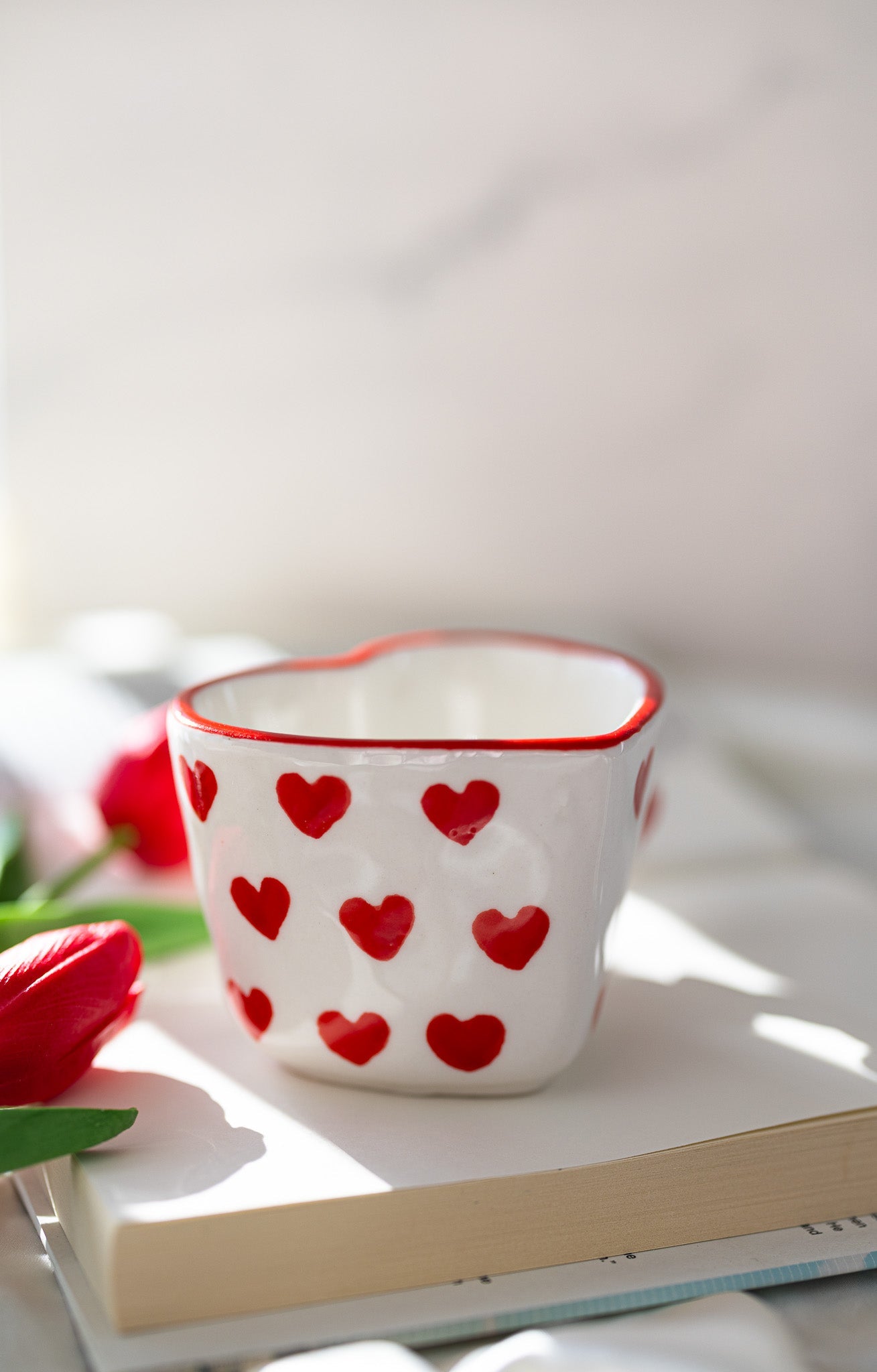 Cute Heart-Shaped Ceramic Mug with Red Heart Design – Romantic Love Gift Cup