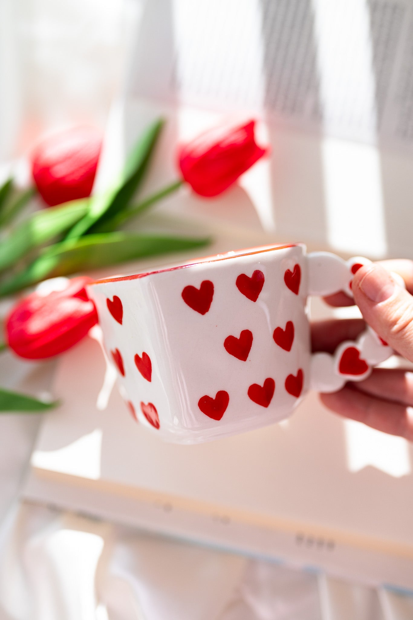 Cute Heart-Shaped Ceramic Mug with Red Heart Design – Romantic Love Gift Cup