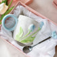3D Tulip Ceramic Mug with Spoon Gift Set | Hand-Carved Floral Coffee Cup