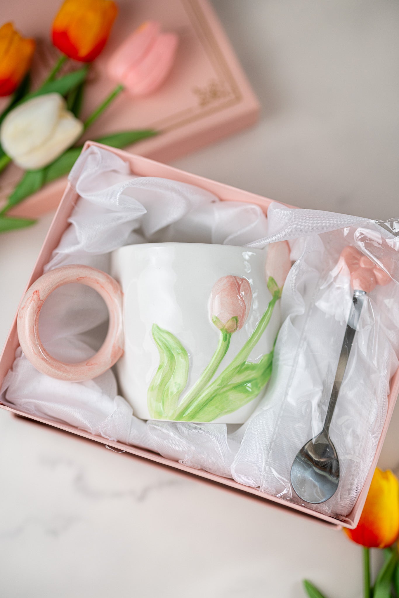 3D Tulip Ceramic Mug with Spoon Gift Set | Hand-Carved Floral Coffee Cup