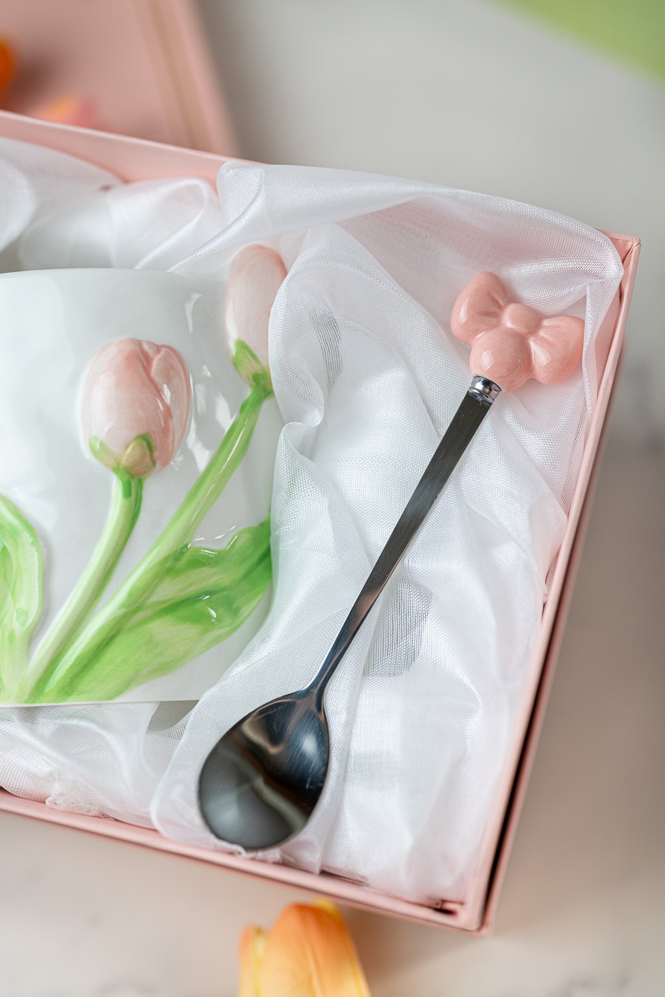 3D Tulip Ceramic Mug with Spoon Gift Set | Hand-Carved Floral Coffee Cup
