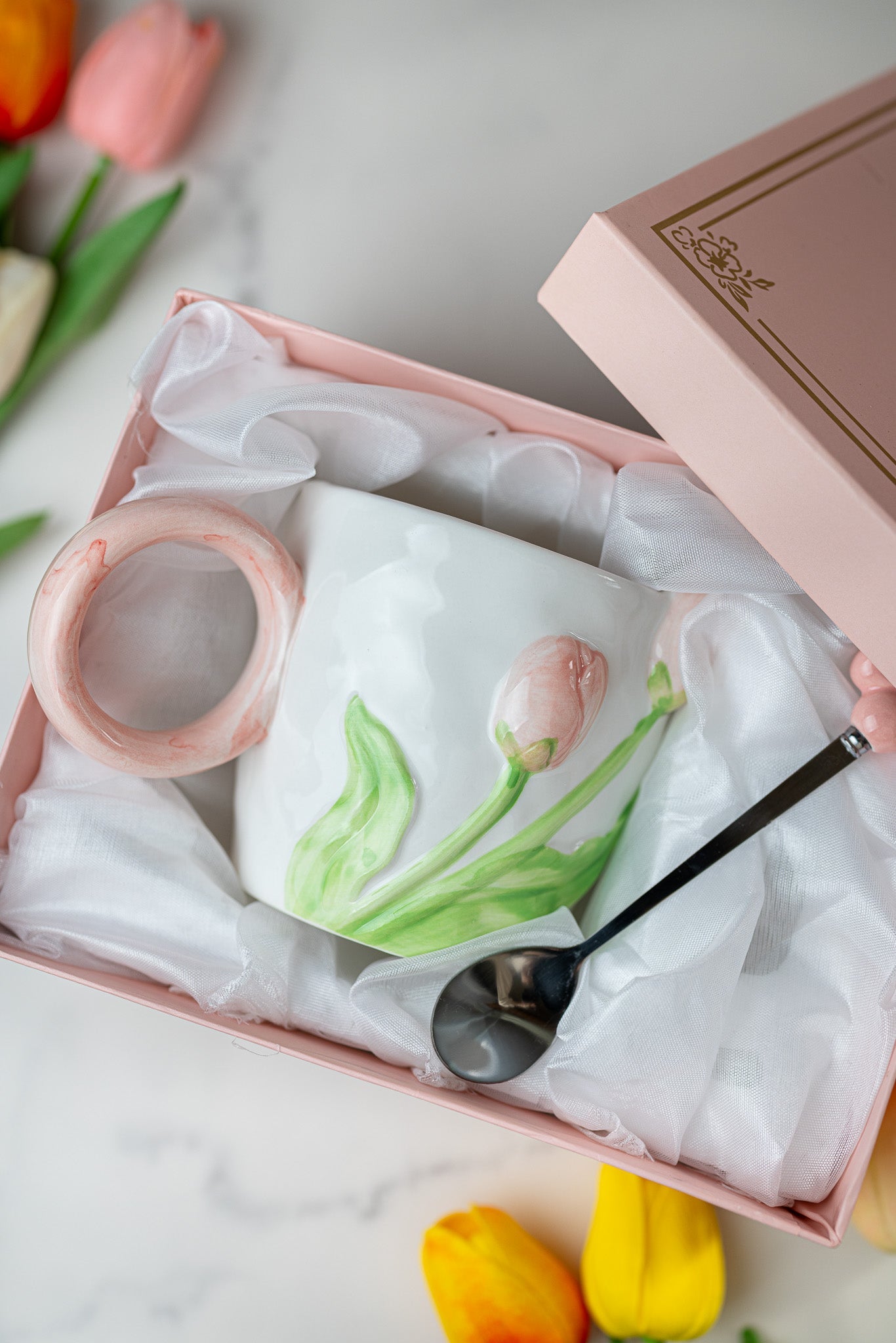 3D Tulip Ceramic Mug with Spoon Gift Set | Hand-Carved Floral Coffee Cup