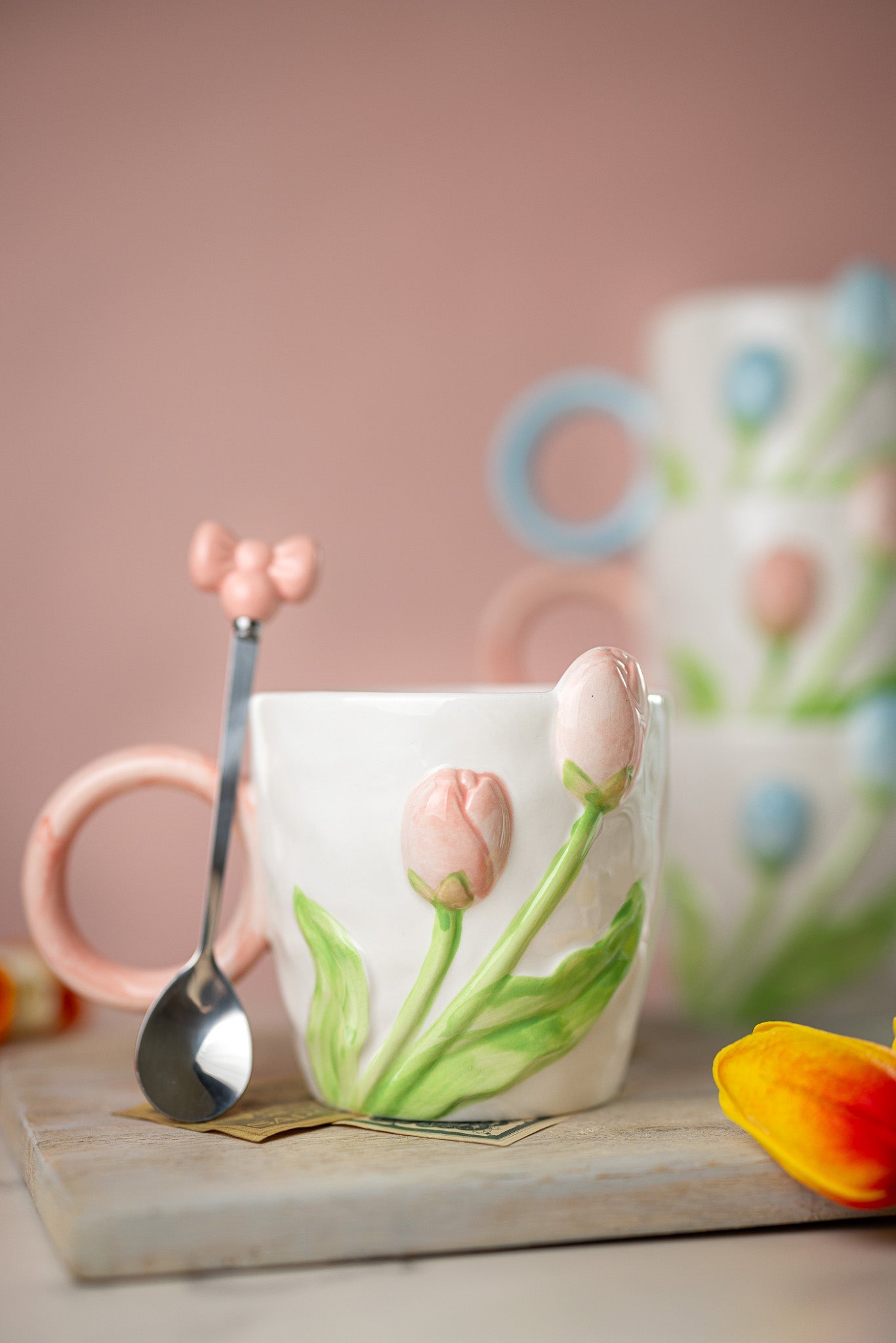 3D Tulip Ceramic Mug with Spoon Gift Set | Hand-Carved Floral Coffee Cup