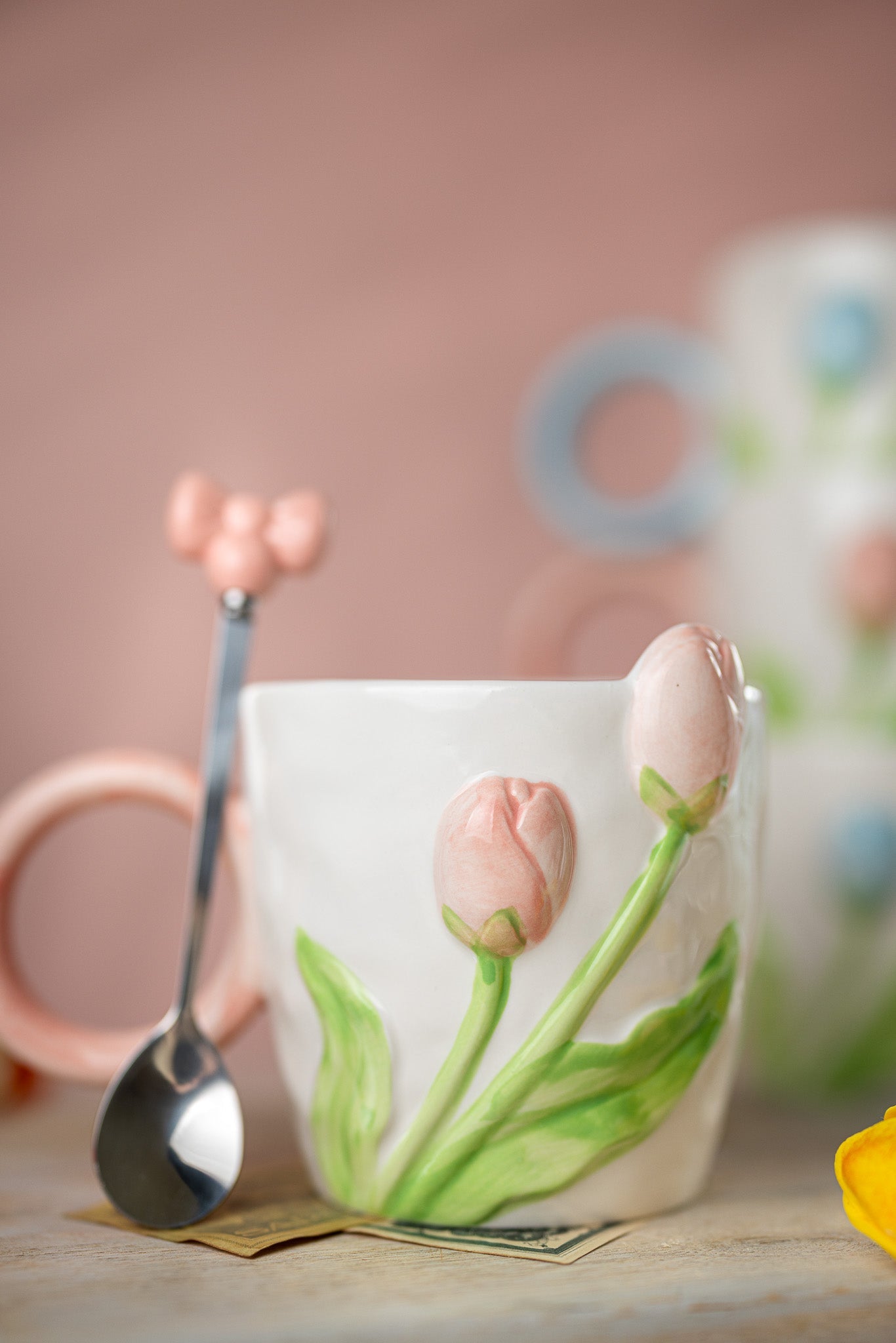 3D Tulip Ceramic Mug with Spoon Gift Set | Hand-Carved Floral Coffee Cup