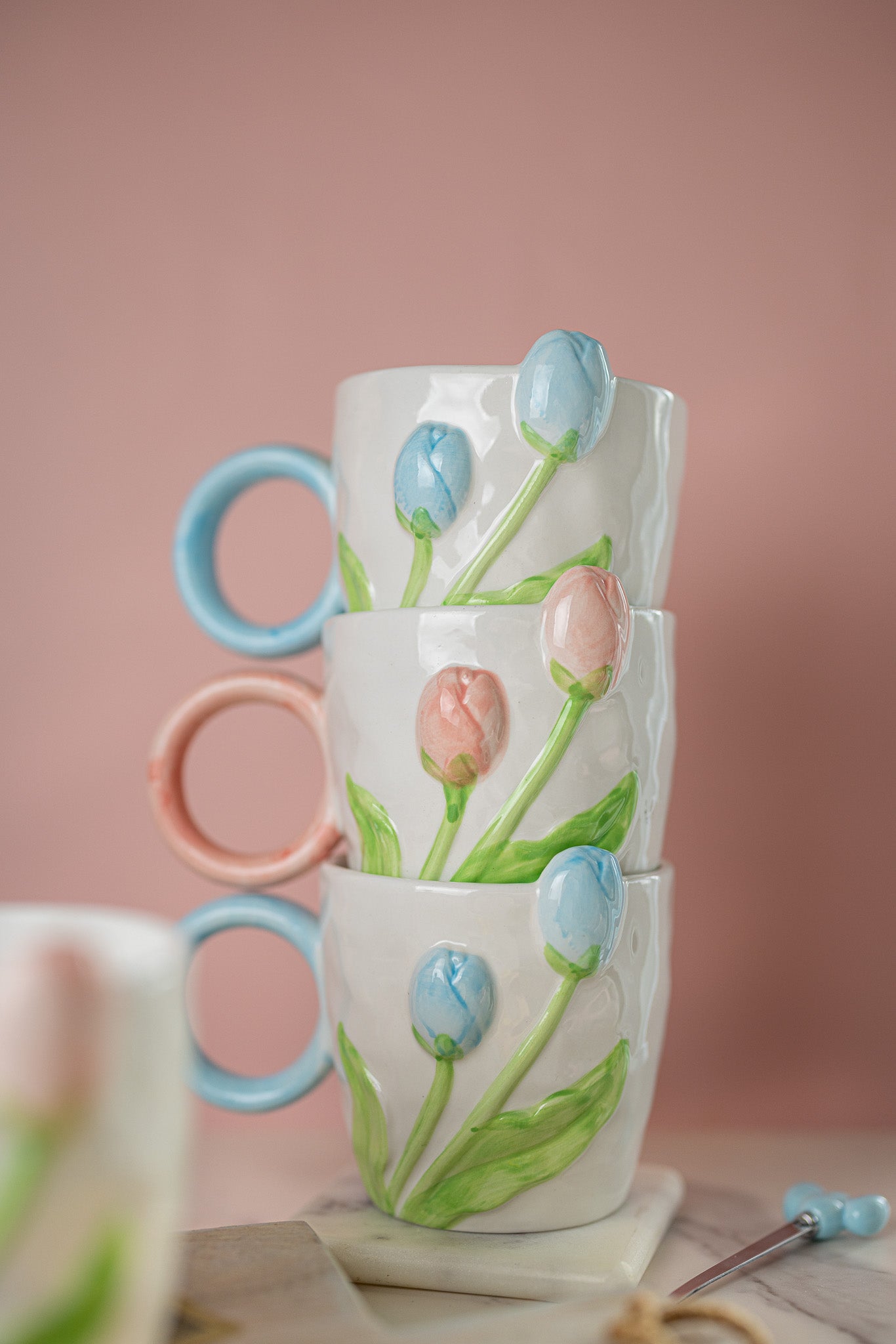 3D Tulip Ceramic Mug with Spoon Gift Set | Hand-Carved Floral Coffee Cup