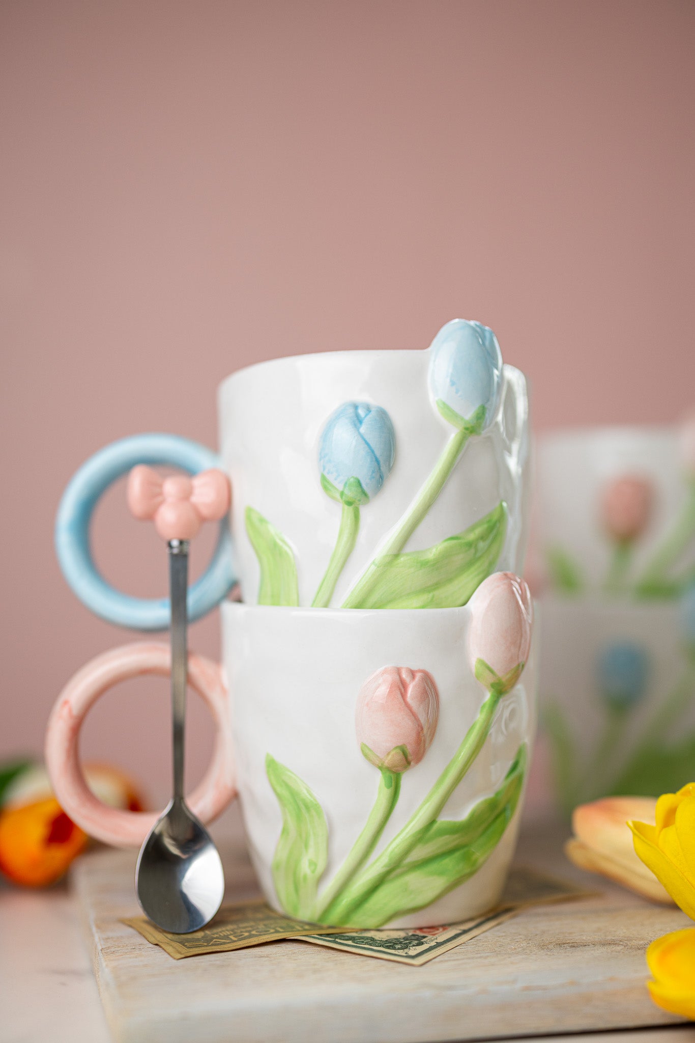 3D Tulip Ceramic Mug with Spoon Gift Set | Hand-Carved Floral Coffee Cup