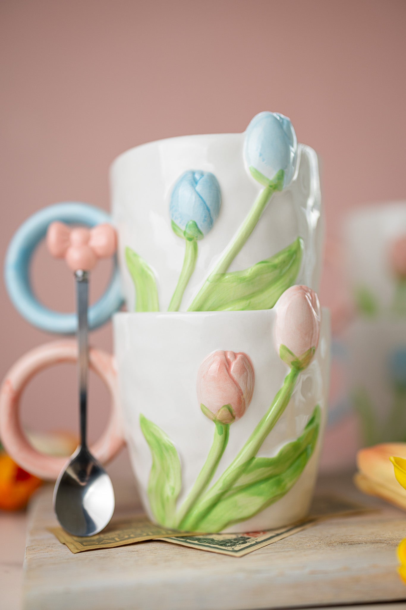 3D Tulip Ceramic Mug with Spoon Gift Set | Hand-Carved Floral Coffee Cup