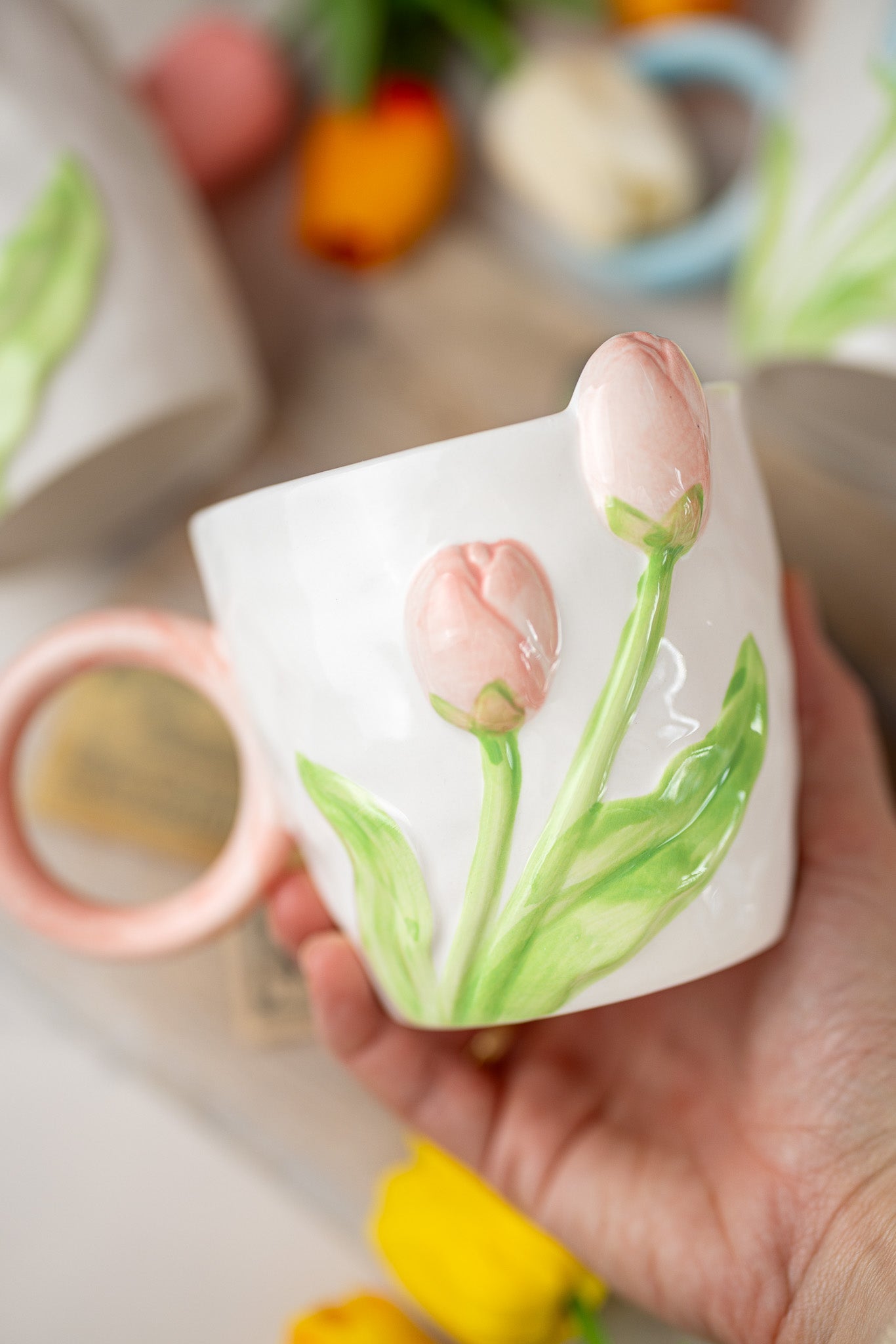 3D Tulip Ceramic Mug with Spoon Gift Set | Hand-Carved Floral Coffee Cup