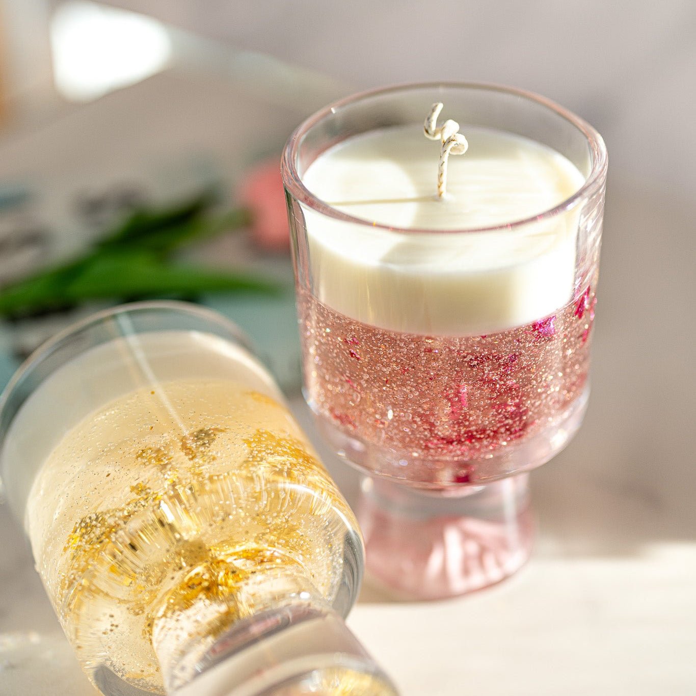 Champagne Gel Candle with Gold Leaf – Luxury Soy Wax Top , Reusable Coffee Mug