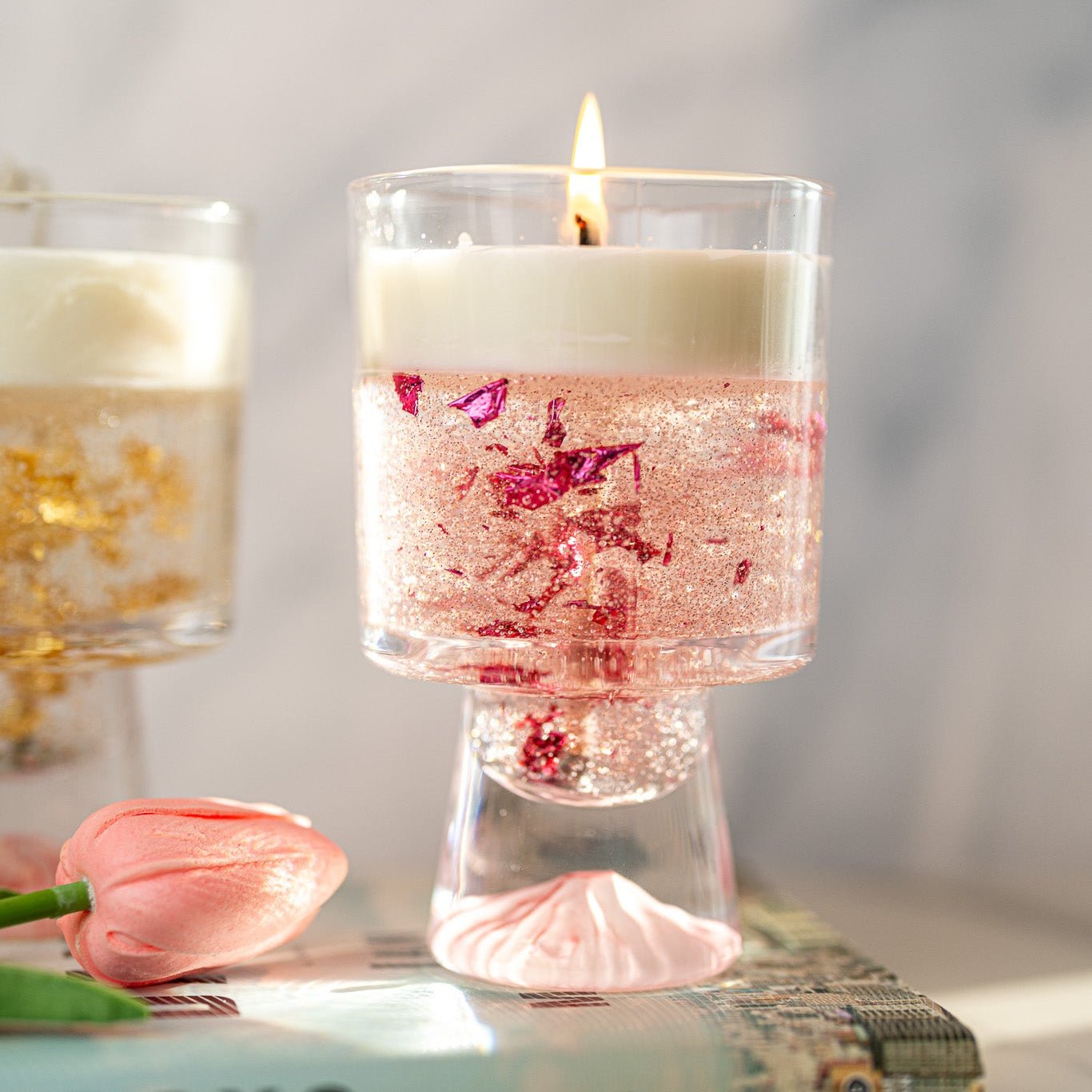 Champagne Gel Candle with Gold Leaf – Luxury Soy Wax Top , Reusable Coffee Mug