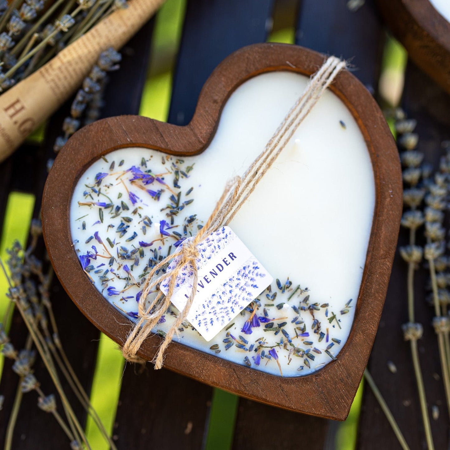 Lavender Heart Dough Bowl Candle | Wood Bowl Soy Wax Candle