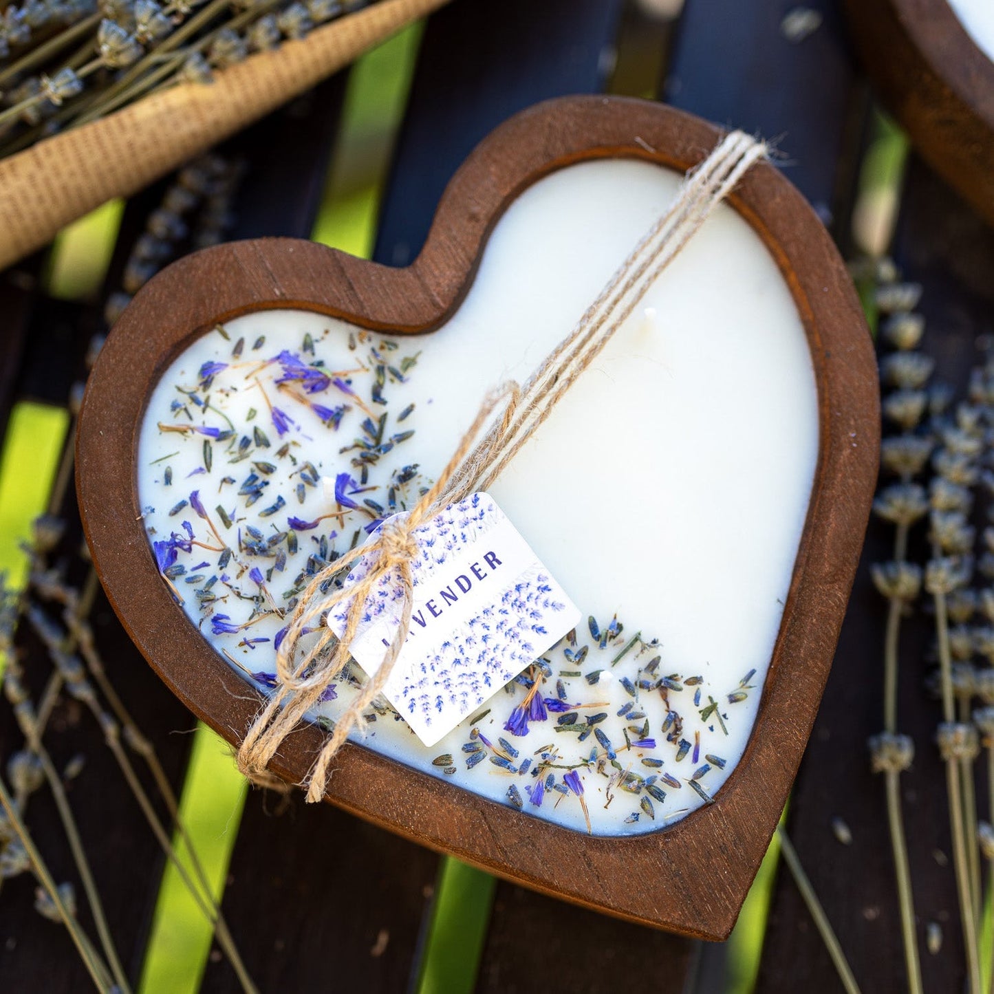 Lavender Heart Dough Bowl Candle | Wood Bowl Soy Wax Candle