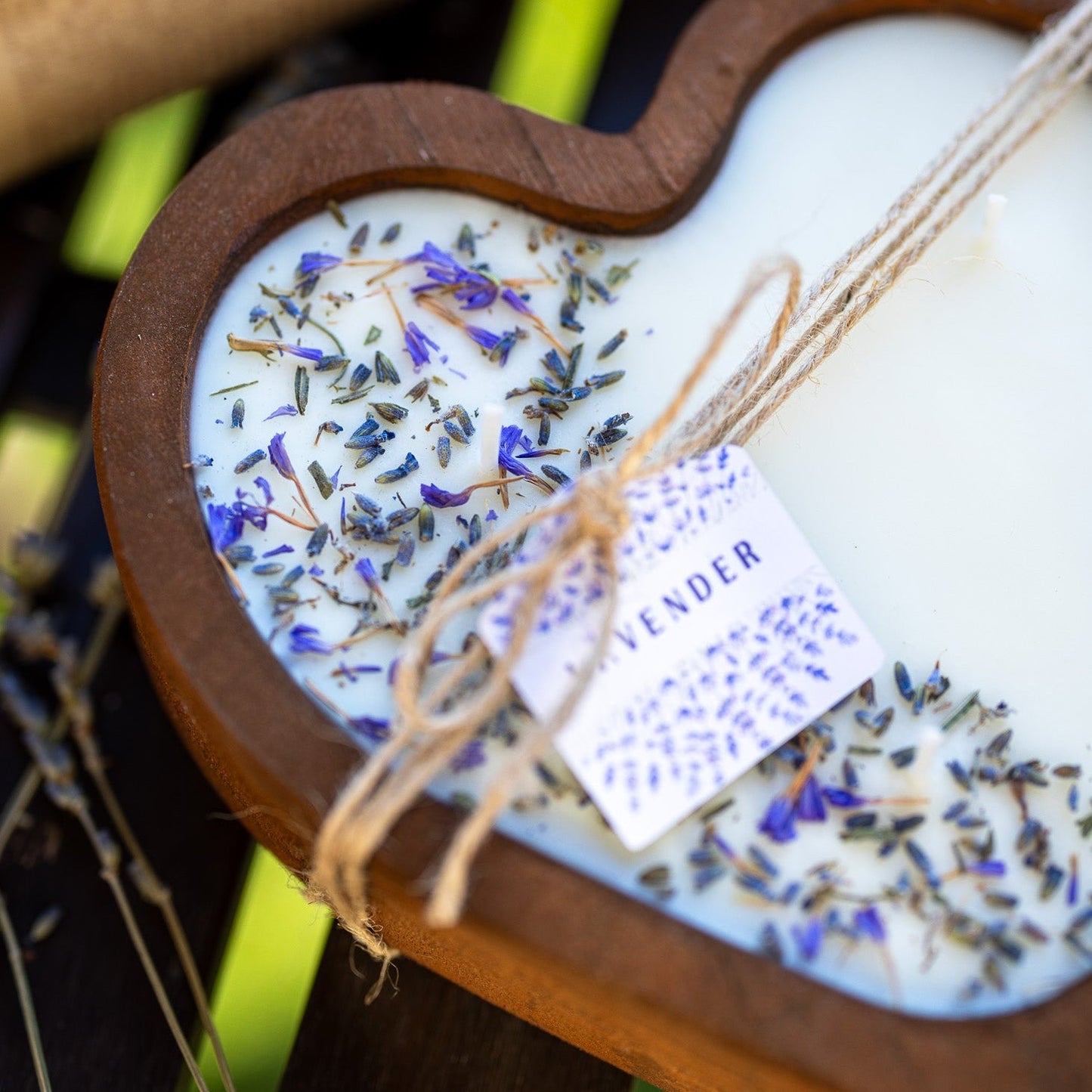 Lavender Heart Dough Bowl Candle | Wood Bowl Soy Wax Candle