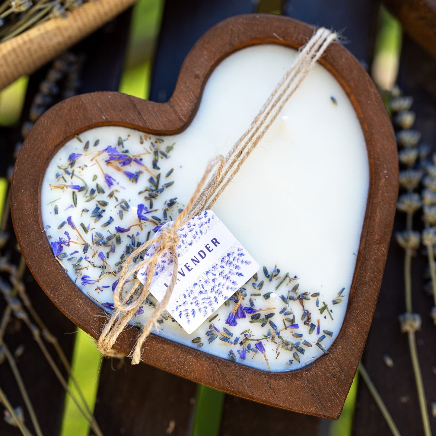 Lavender Heart Dough Bowl Candle | Wood Bowl Soy Wax Candle