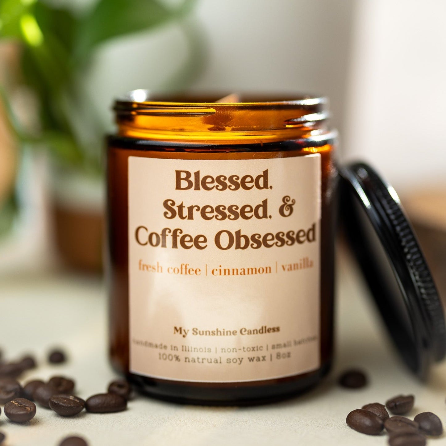 Blessed Stressed & Coffee Obsessed Candle – 8 oz Amber Jar Soy Candle – Funny Coffee Lover Gift