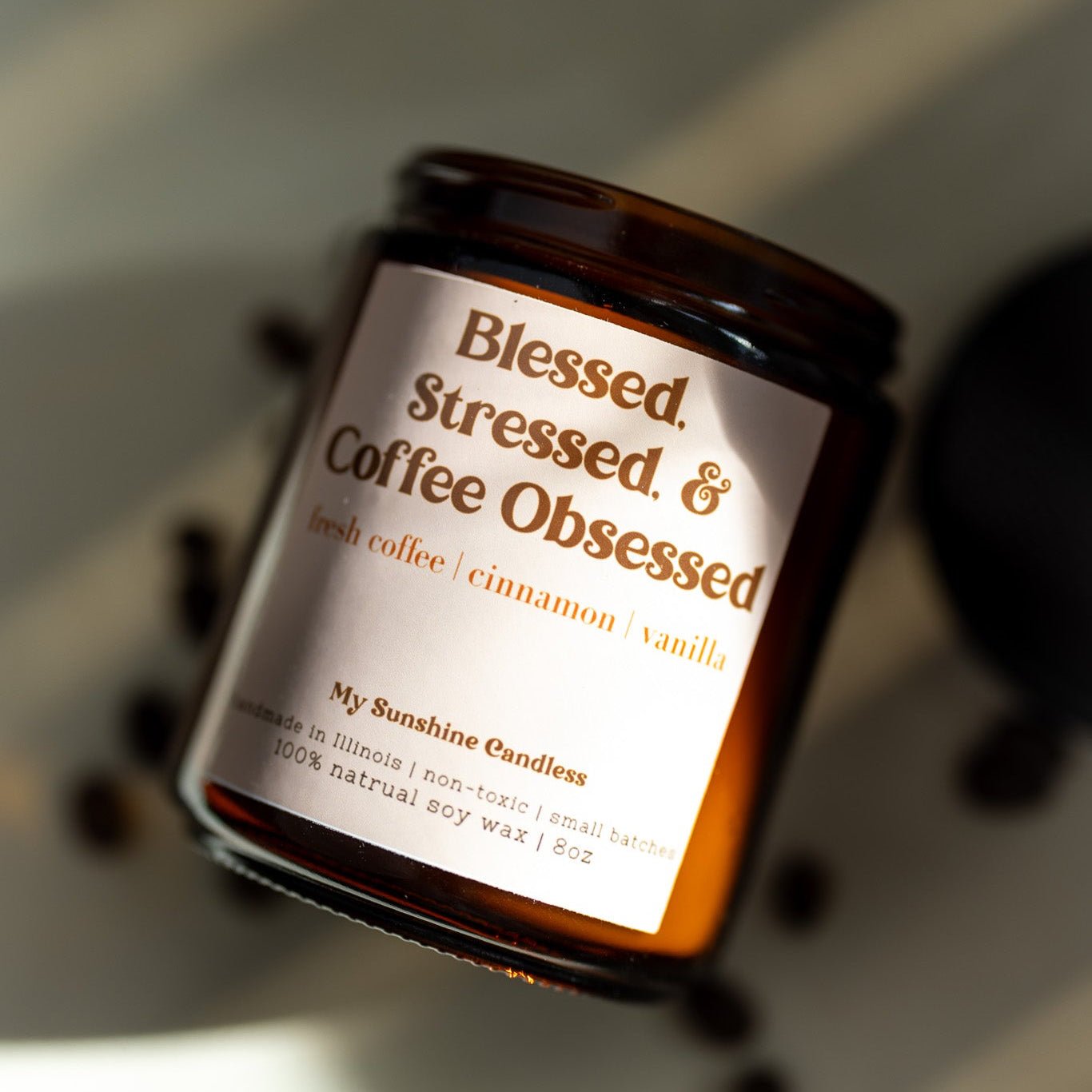 Blessed Stressed & Coffee Obsessed Candle – 8 oz Amber Jar Soy Candle – Funny Coffee Lover Gift