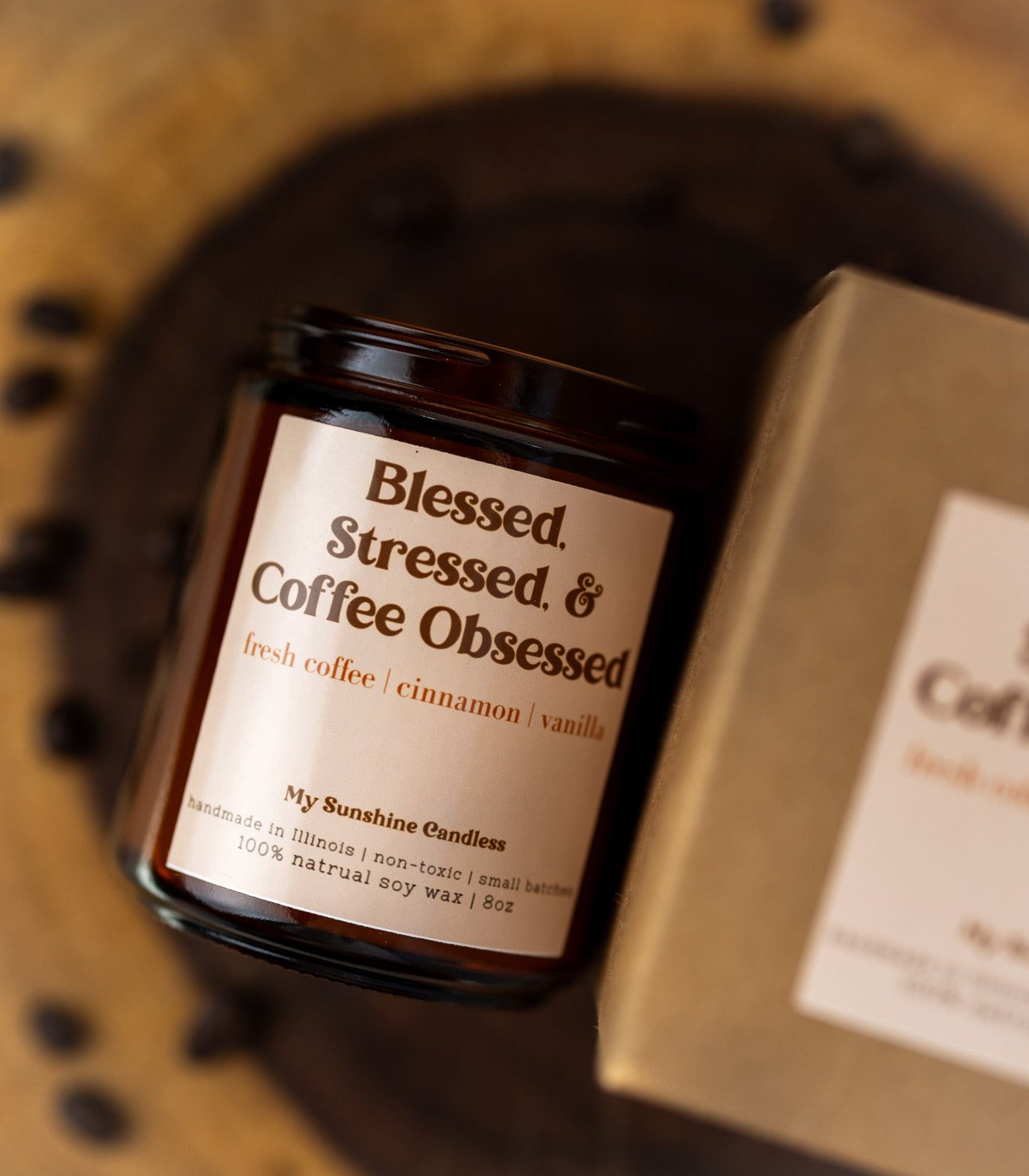 Blessed Stressed & Coffee Obsessed Candle – 8 oz Amber Jar Soy Candle – Funny Coffee Lover Gift