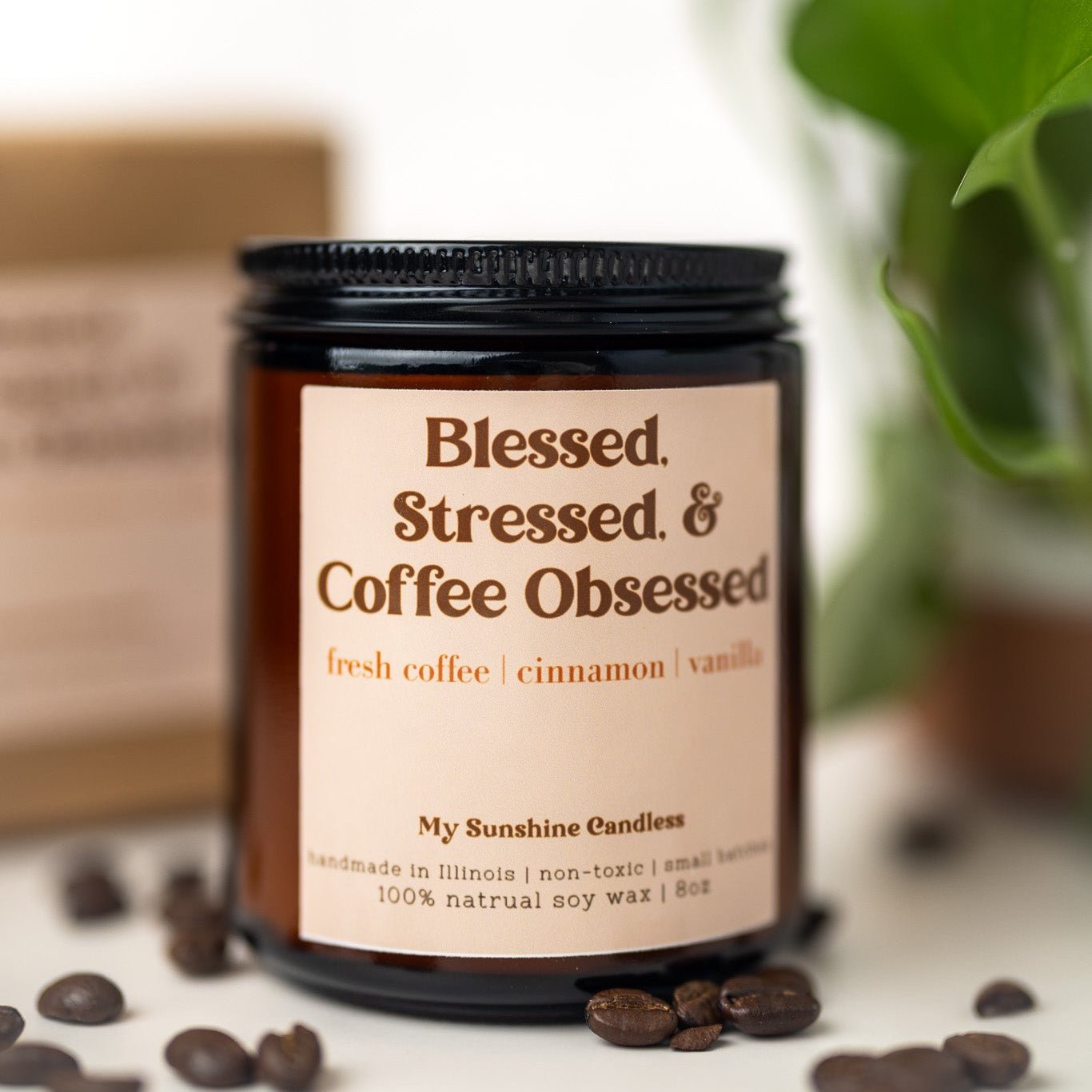Blessed Stressed & Coffee Obsessed Candle – 8 oz Amber Jar Soy Candle – Funny Coffee Lover Gift