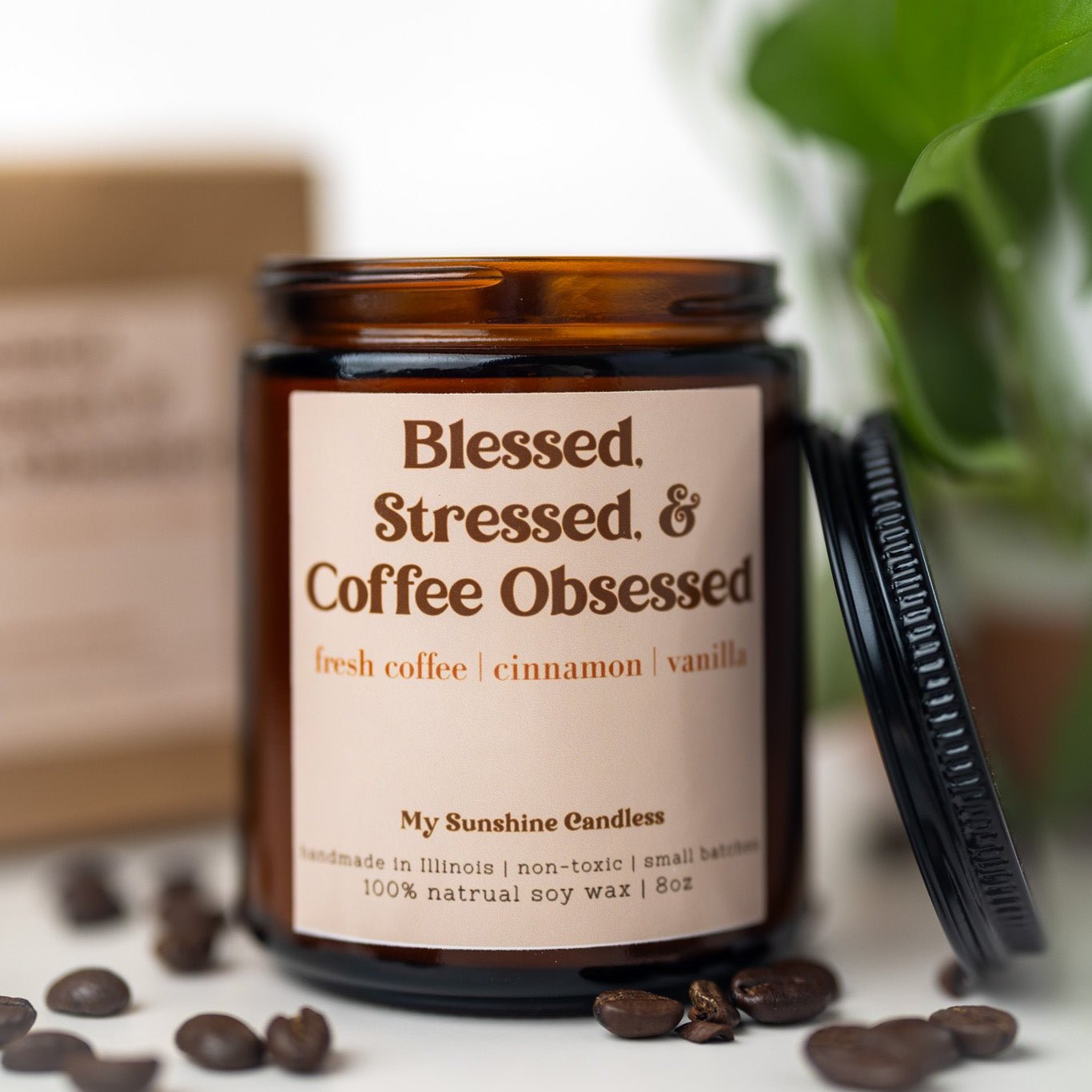 Blessed Stressed & Coffee Obsessed Candle – 8 oz Amber Jar Soy Candle – Funny Coffee Lover Gift