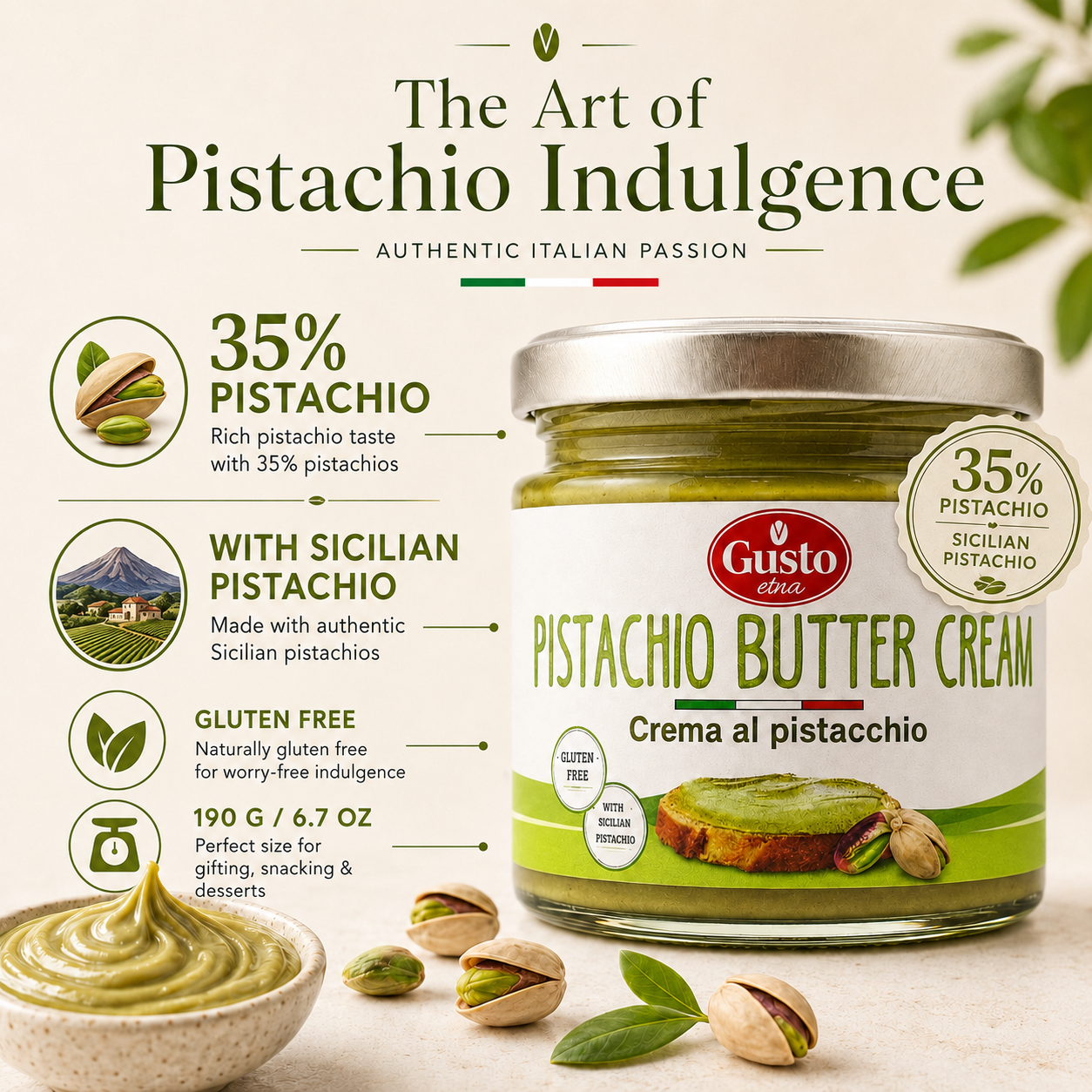 Gusto Etna Sicilian Pistachio Cream Spread (35% Pistachio) – 190g / 6.7 oz