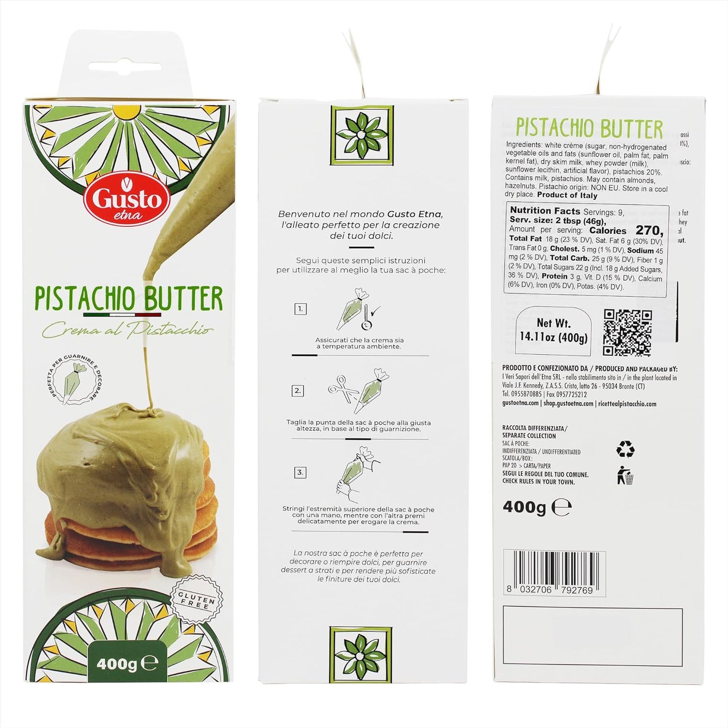 Gusto Etna Sicilian Pistachio Cream Squeeze Pouch (20% Pistachio) – 400g / 14.1 oz