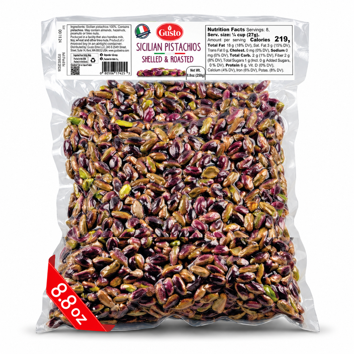 Gusto Etna 100% Sicilian Pistachios from Bronte – Roasted, Shelled, Unsalted, 250g / 8.8 oz
