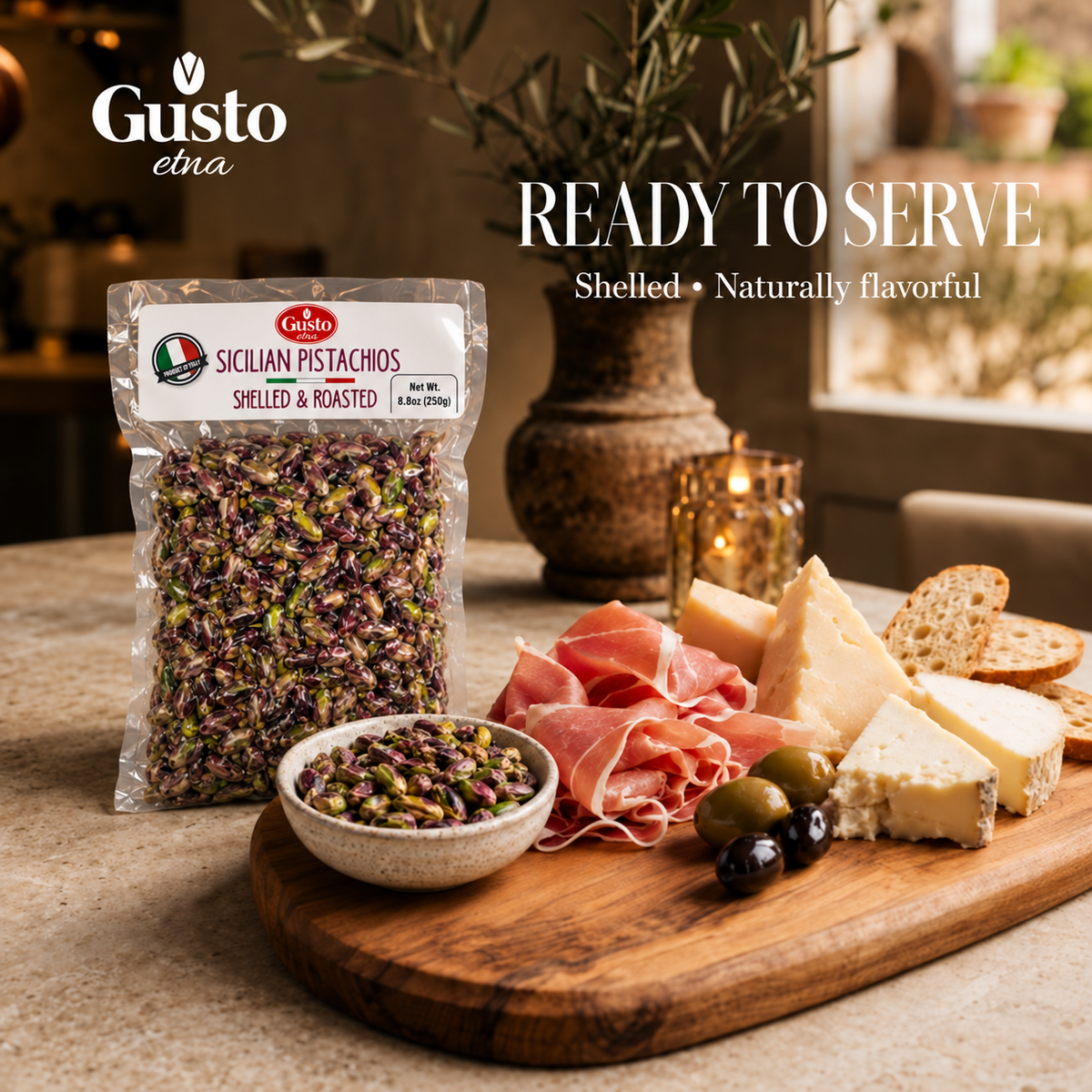 Gusto Etna 100% Sicilian Pistachios from Bronte – Roasted, Shelled, Unsalted, 250g / 8.8 oz