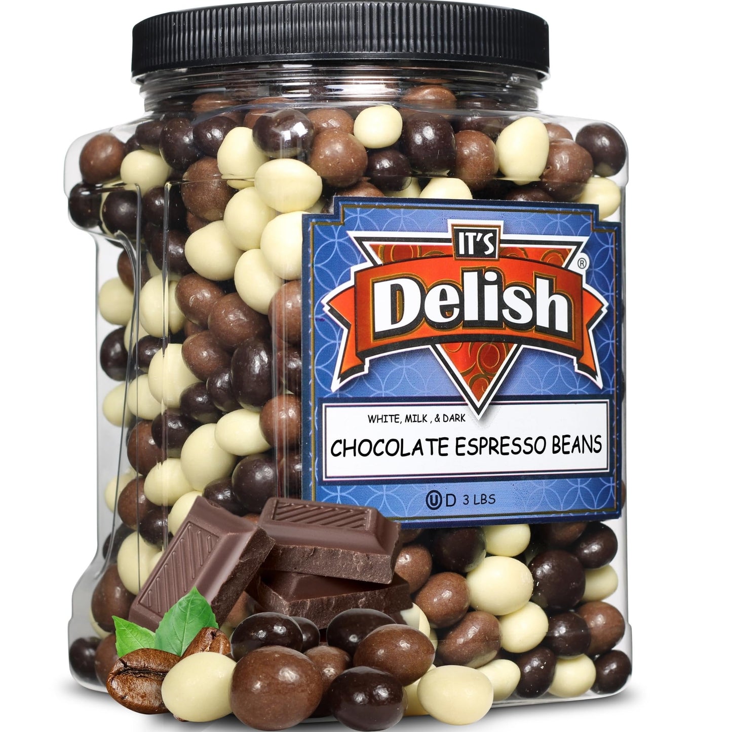 Gourmet Chocolate Covered Espresso Beans Medley By Its Delish, 3 Lbs Jumbo Reusable Container  Mix Of Dark, Milk & White Chocola
