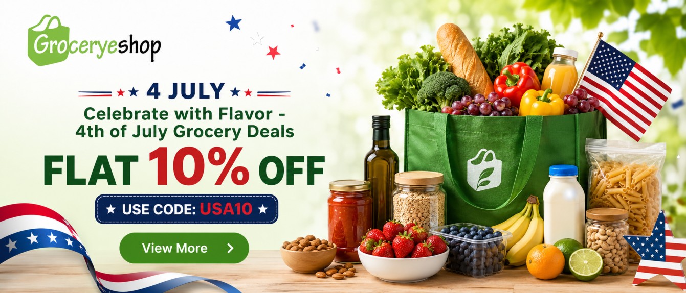 Promotional banner for Grocery Shop with 4th of July deals on a wooden table with groceries and American flags.