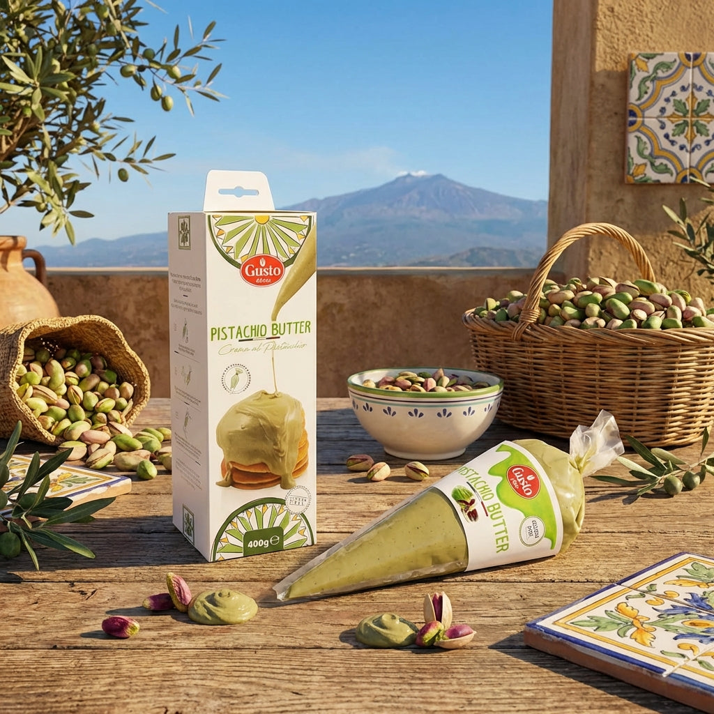 Gusto Etna Sicilian Pistachio Cream Squeeze Pouch (20% Pistachio) – 400g / 14.1 oz