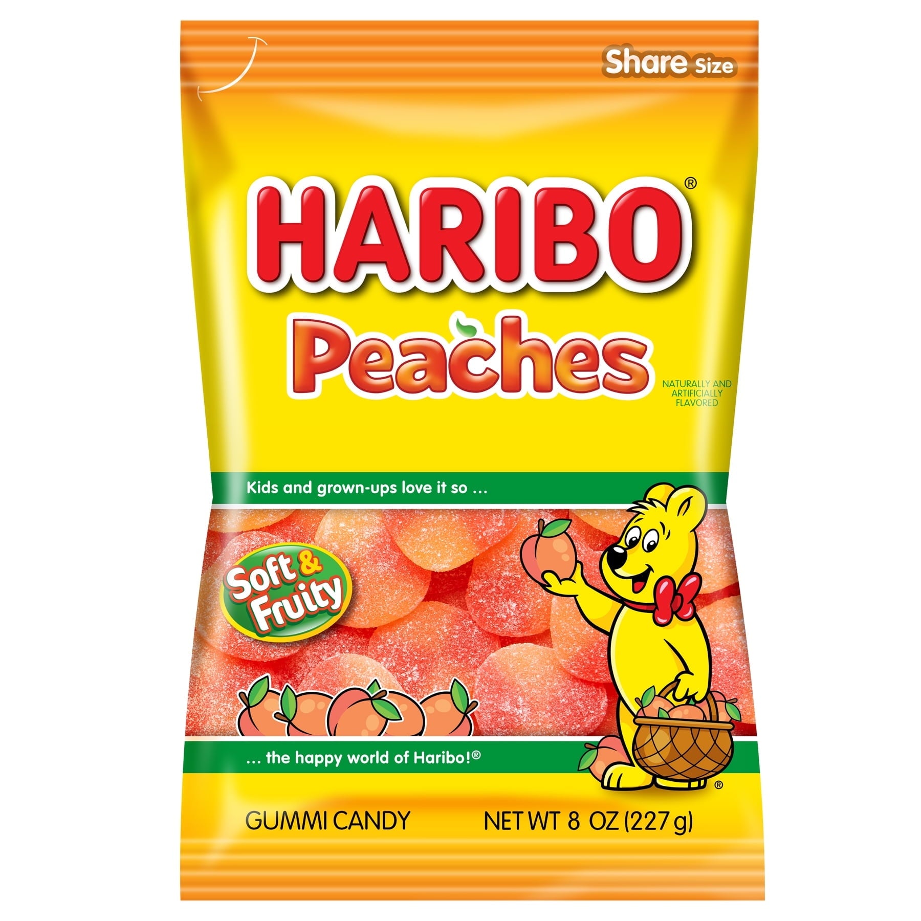 Haribo Gummy Candy, Peaches Gummies, Large Peg Bag, 8 Oz