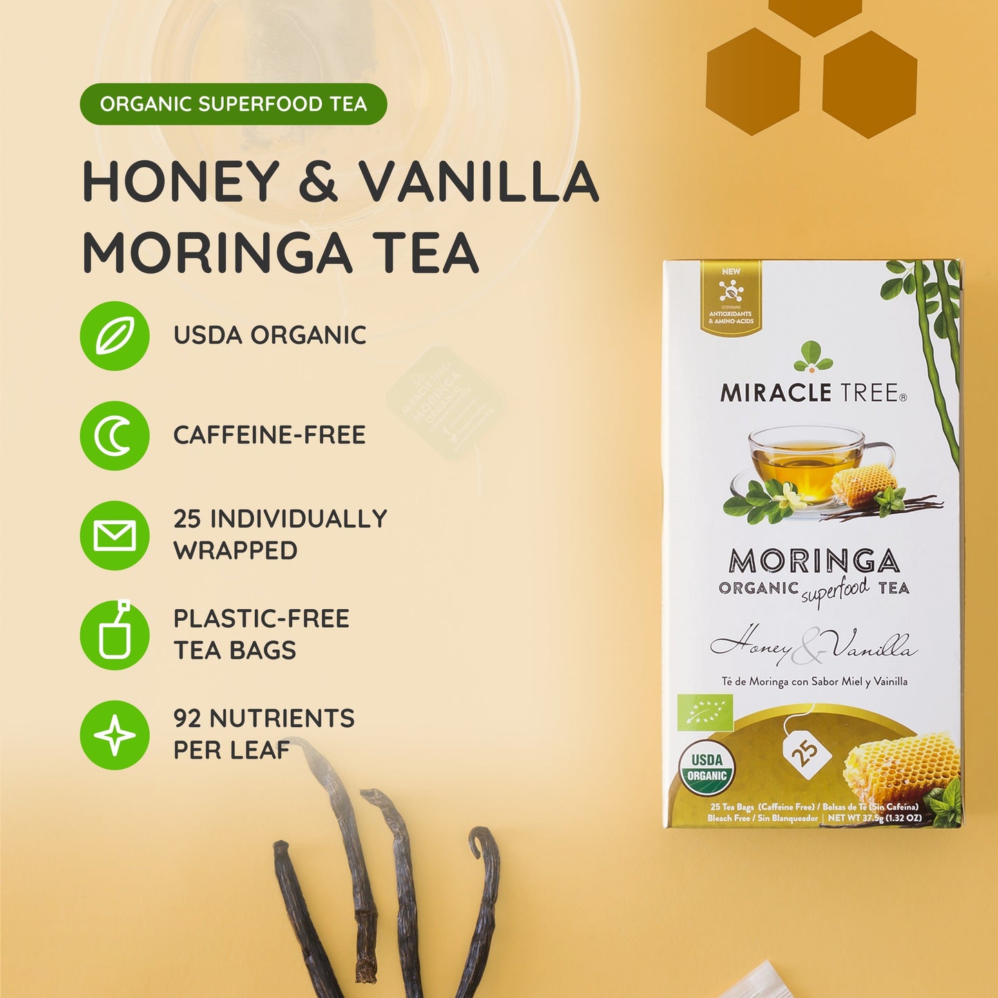 Organic Moringa Tea - Honey & Vanilla - Caffeine-Free Herbal Tea
