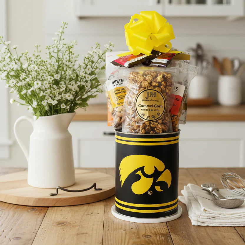 Iowa Hawkeyes Gift Tin Basket - Savory or Sweet Snacks -  Made in USA