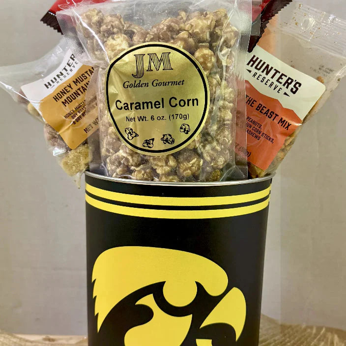Iowa Hawkeyes Gift Tin Basket - Savory or Sweet Snacks -  Made in USA