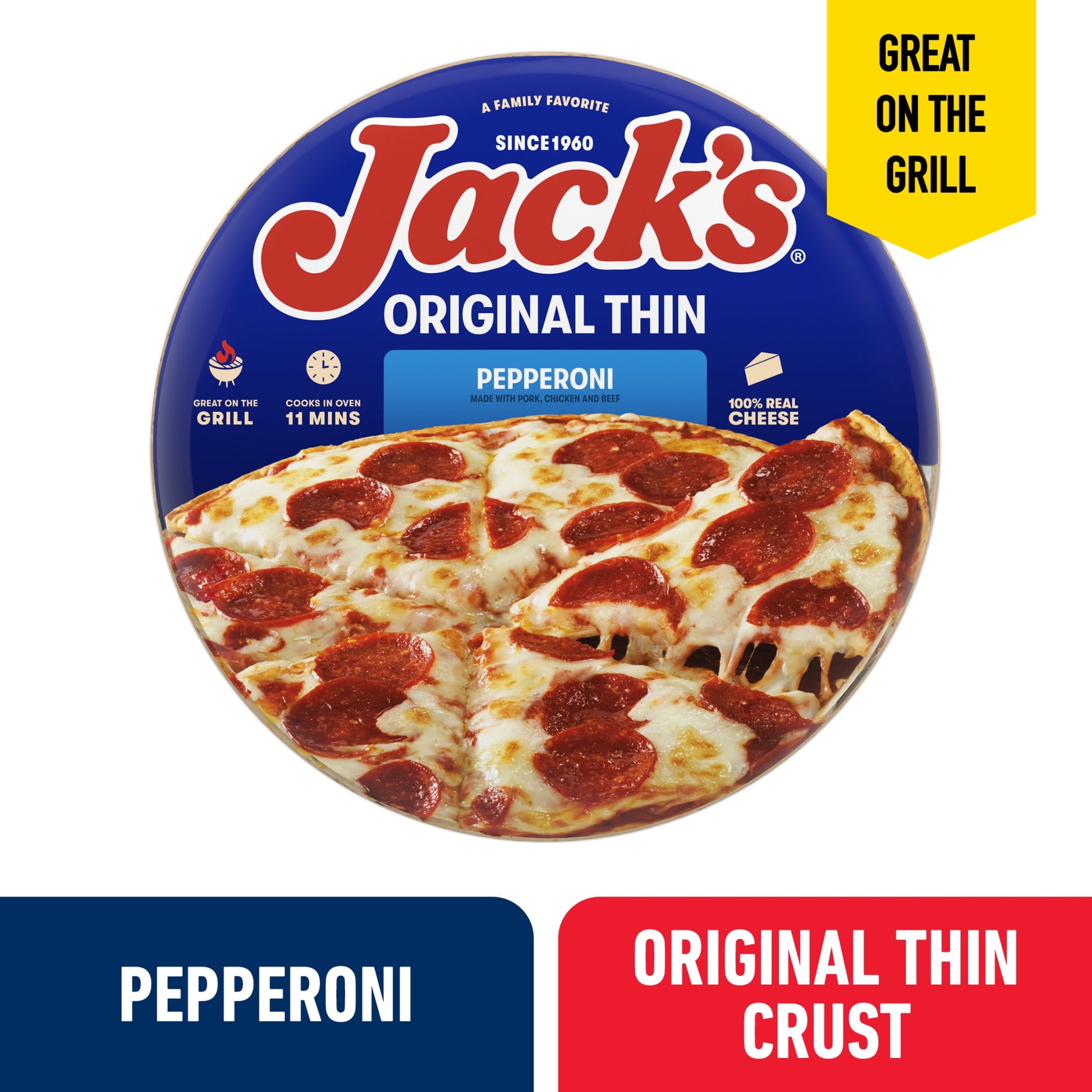 JackS Pepperoni, Original Thin Crust Pizza, 14.3 Oz (Frozen)
