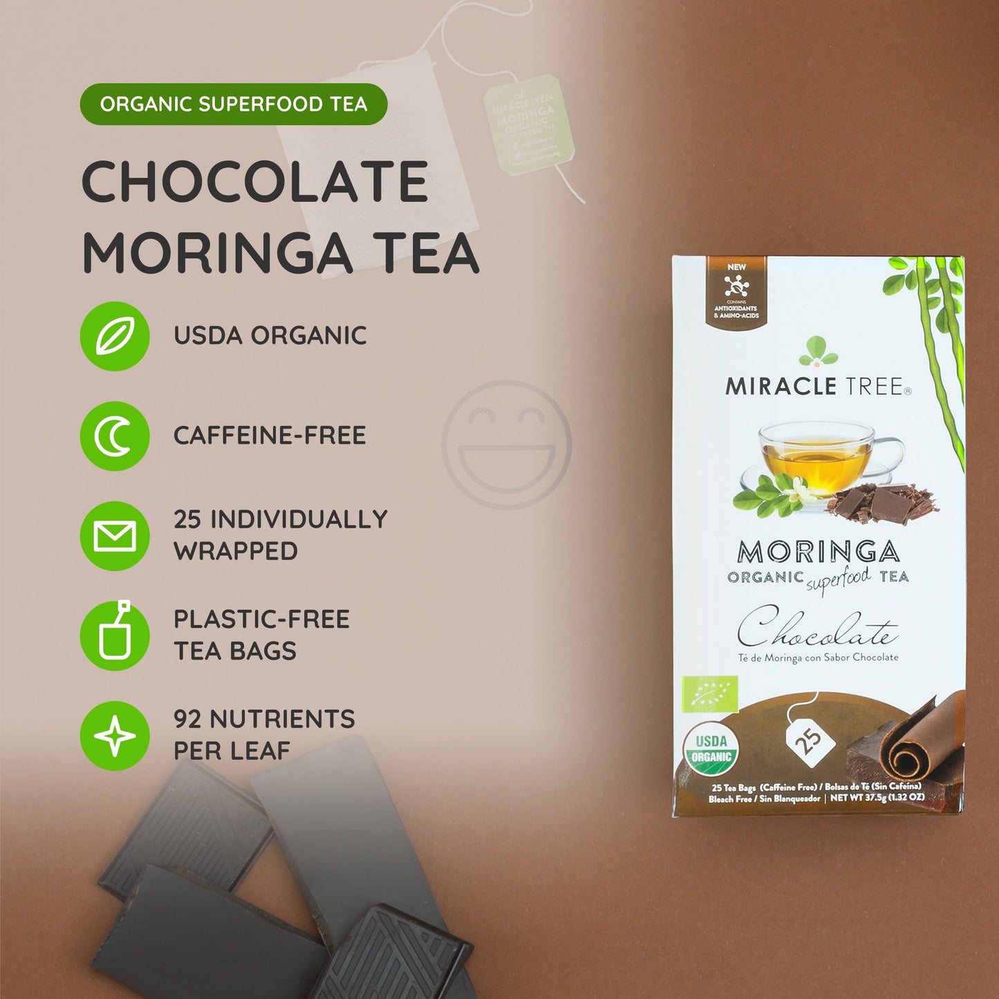 Organic Moringa Tea - Chocolate - Caffeine-Free Herbal Tea