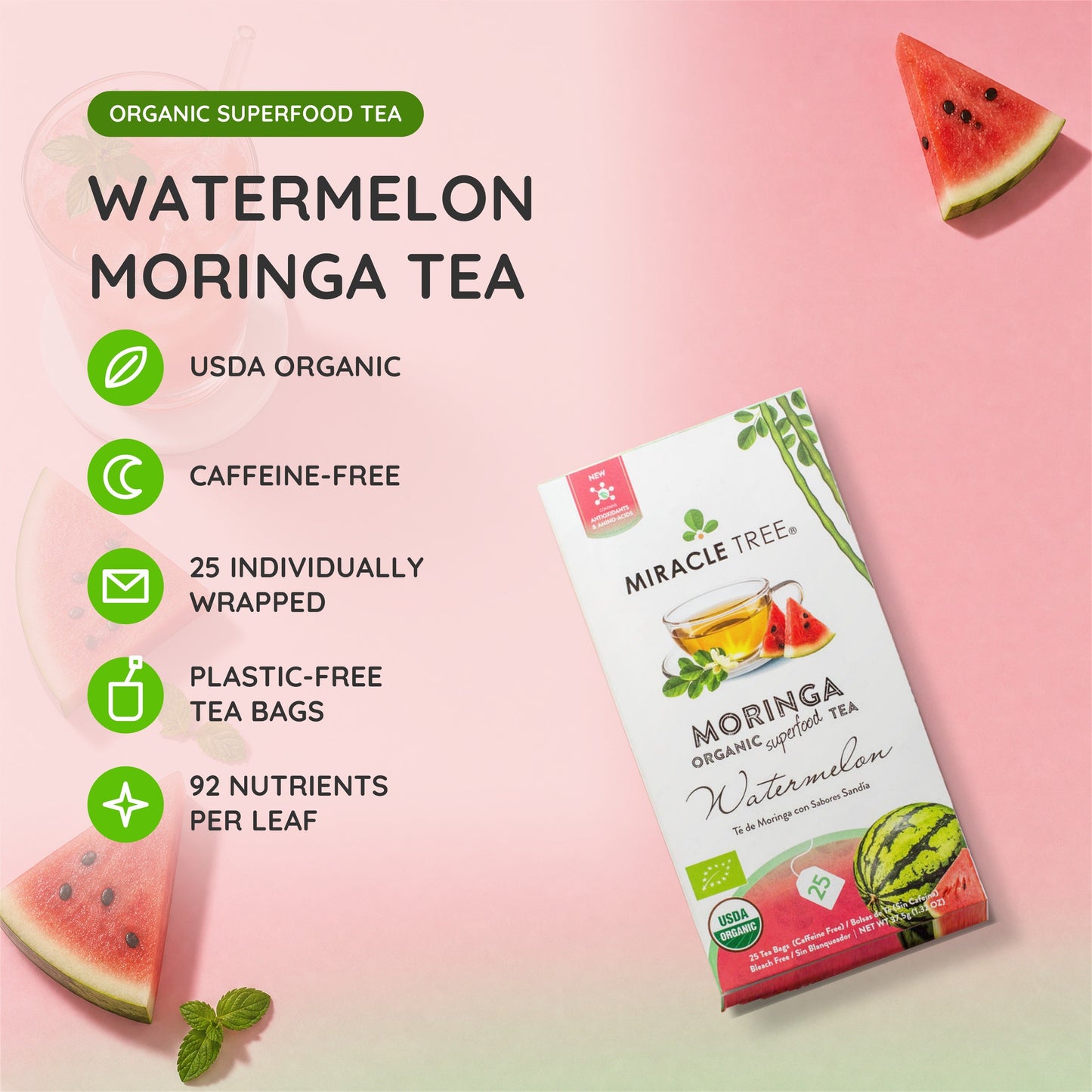 Organic Moringa Tea - Watermelon - Caffeine-Free Herbal Tea